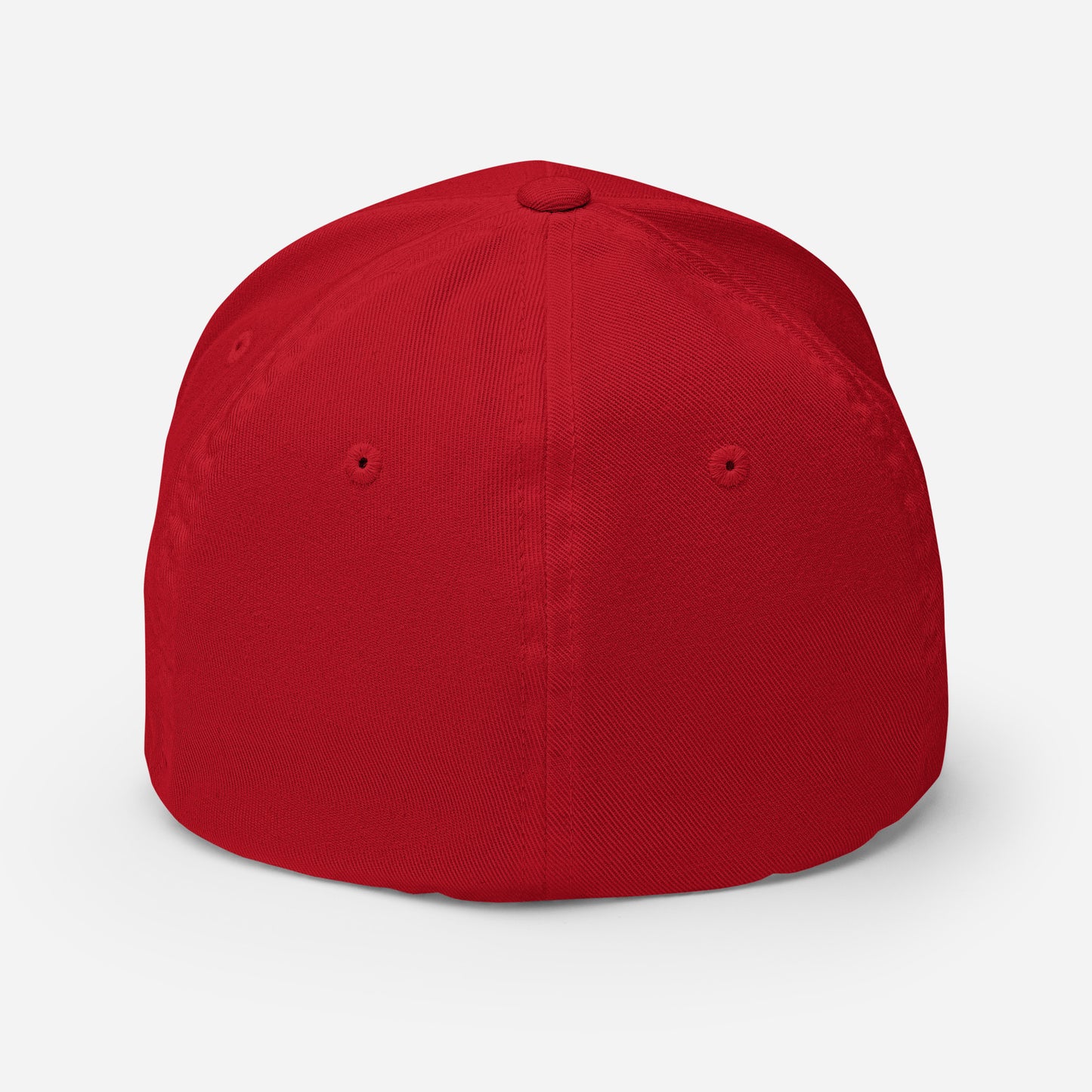 Back view of the red flexfit baseball hat by Rake City.