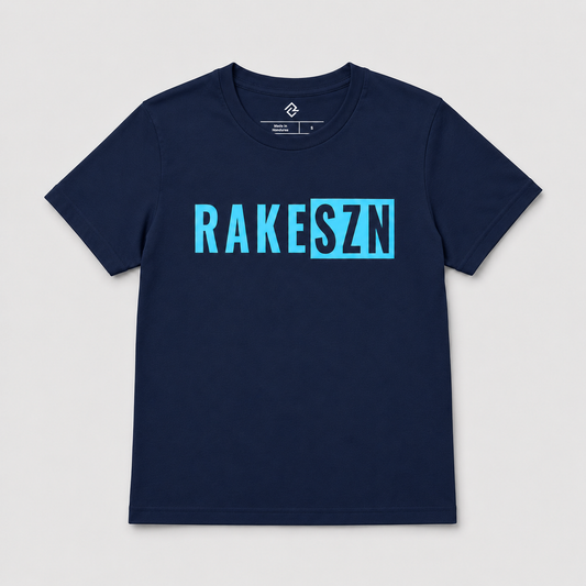 Front view of the navy RAKESZN premium baseball t-shirt by Rake City.