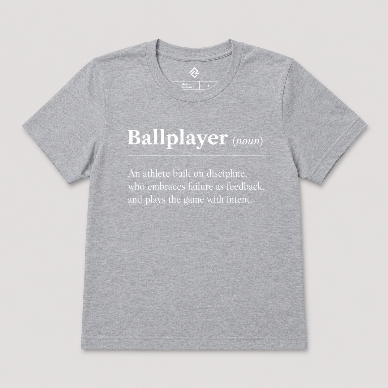 Front view of the grey youth BALLPLAYER premium baseball t-shirt by Rake City.