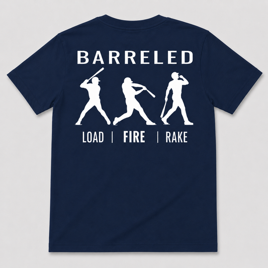 Back view of the navy BARRELED premium baseball t-shirt by Rake City.