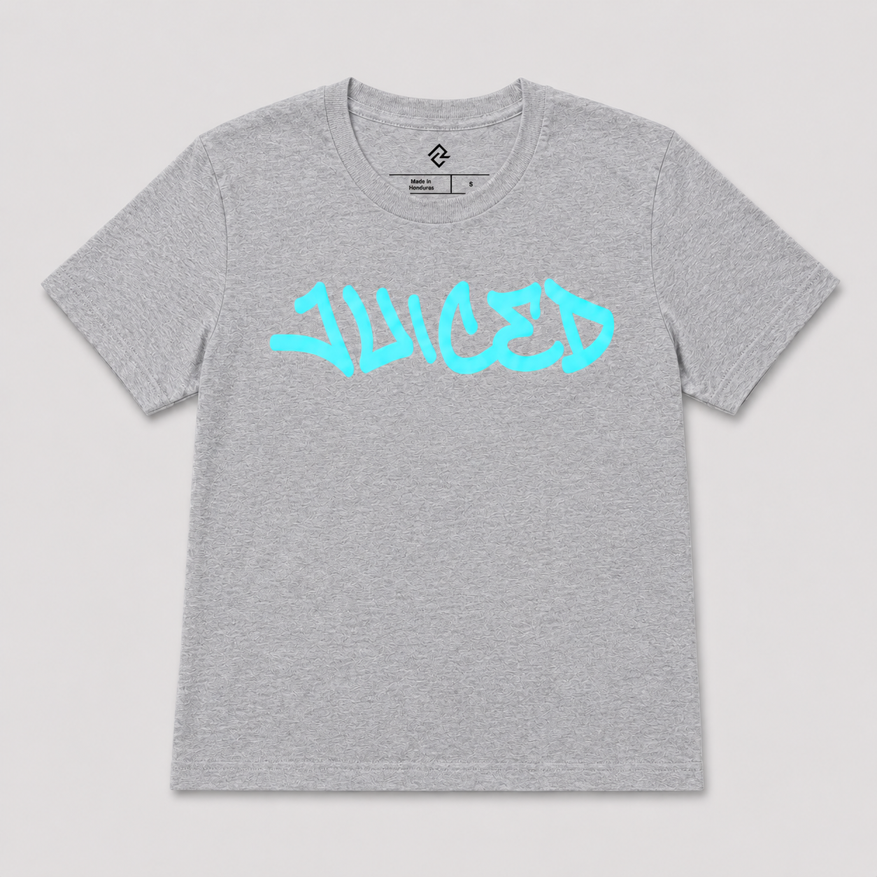 Front view of the grey youth JUICED premium baseball t-shirt by Rake City.