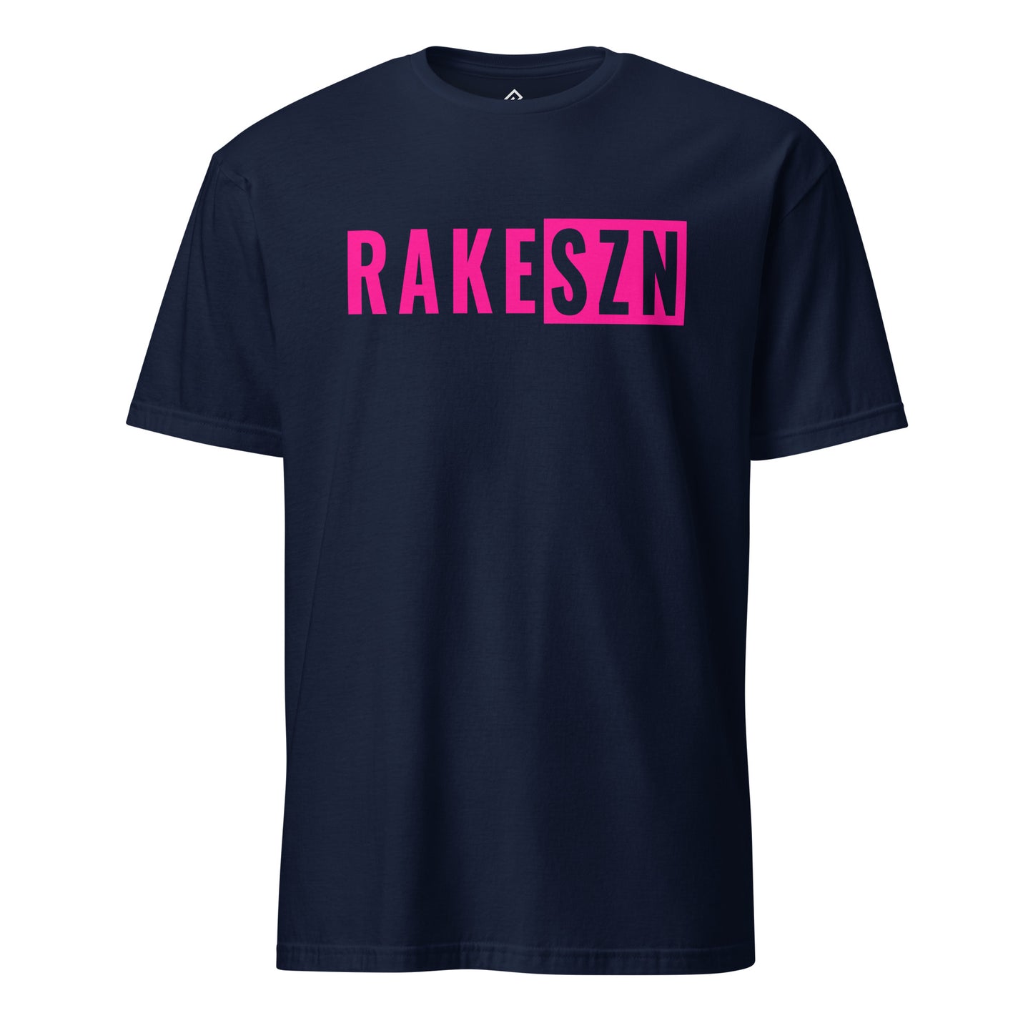 Front view of the navy and pink RAKE SZN premium baseball t-shirt by Rake City