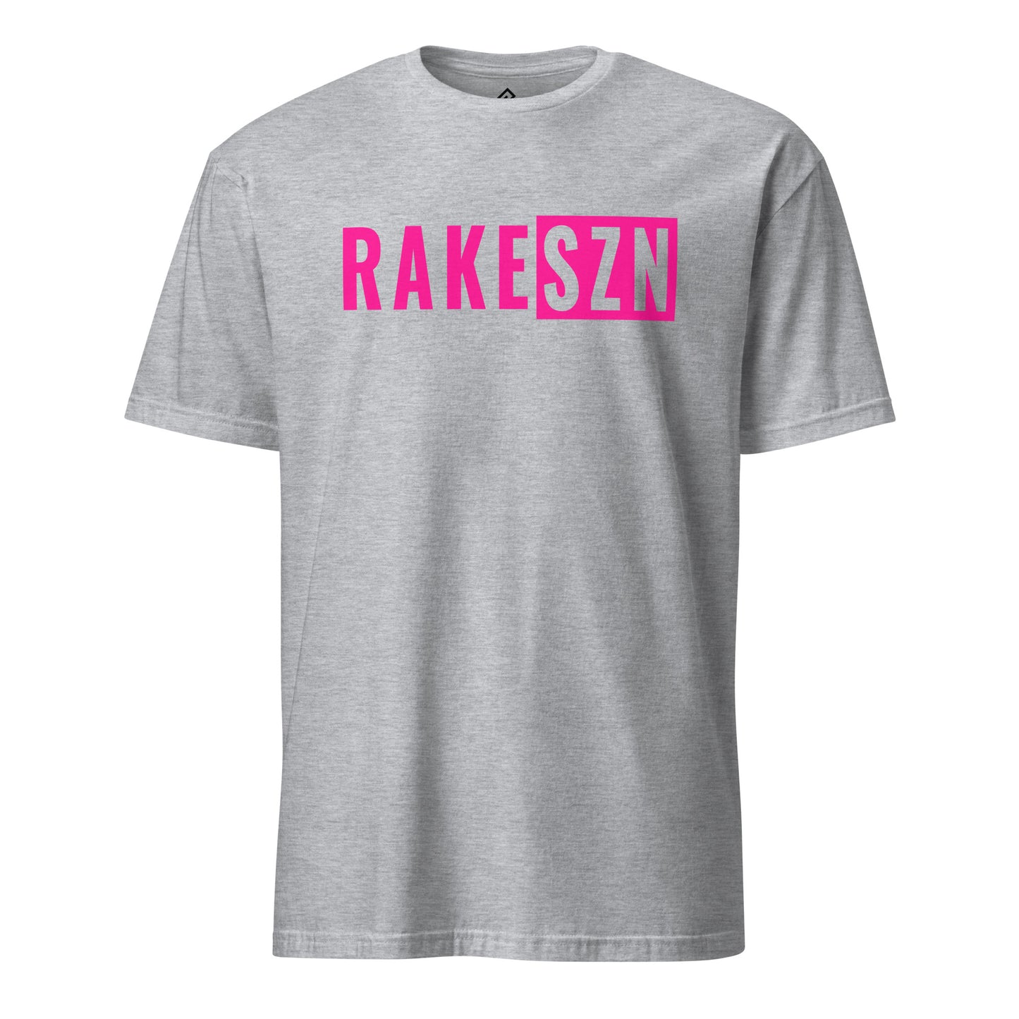 Front view of the sport grey and pink RAKE SZN premium baseball t-shirt by Rake City