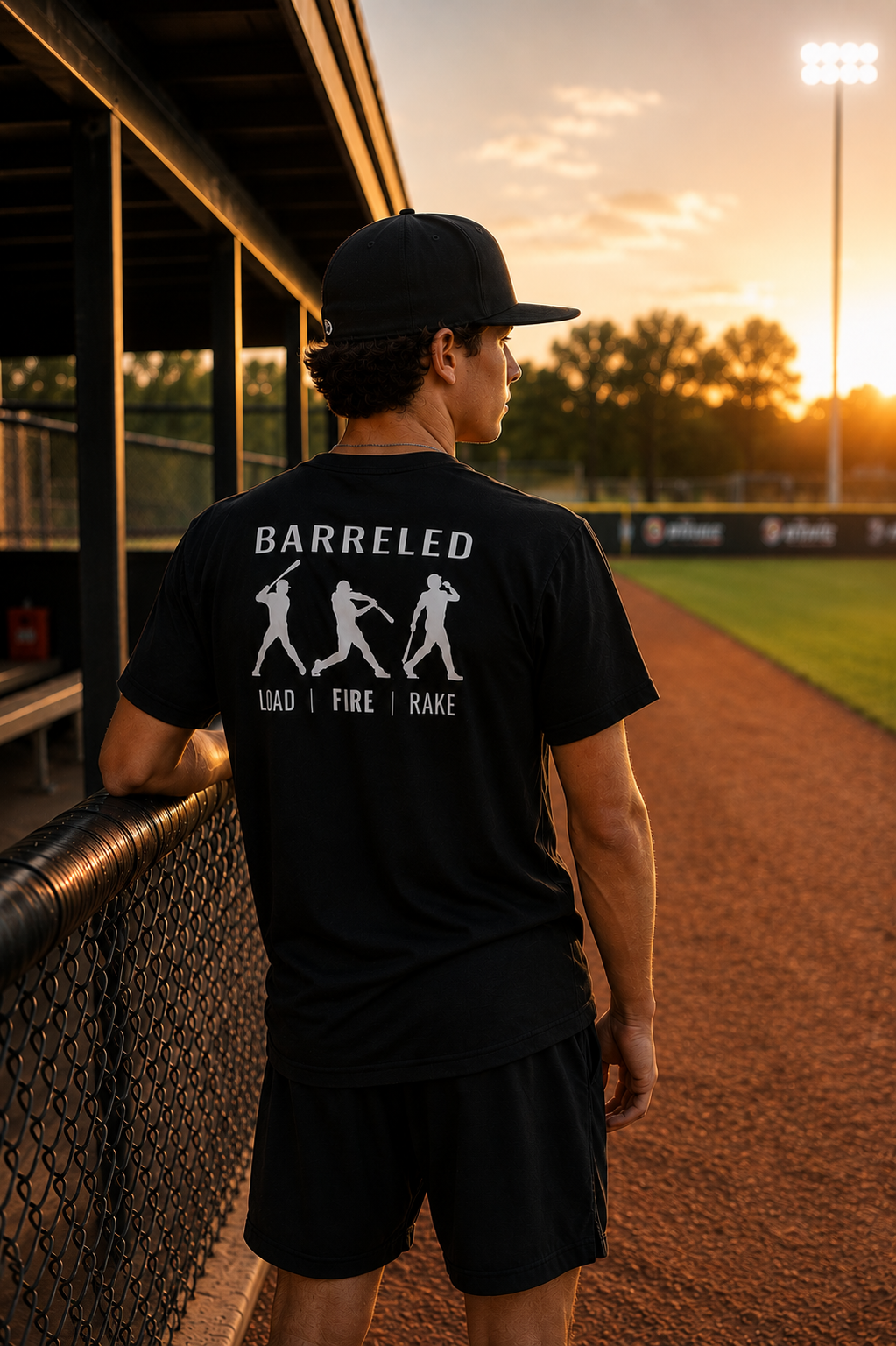 Model leaning on dugout wearing the BARRELED premium baseball t-shirt by Rake City.
