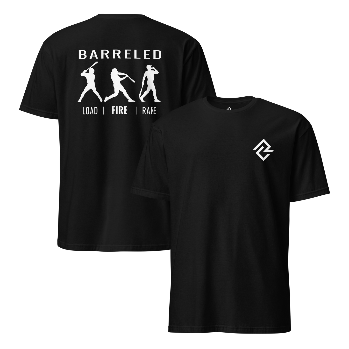 Front and back view of the BARRELED premium baseball t-shirt by Rake City.