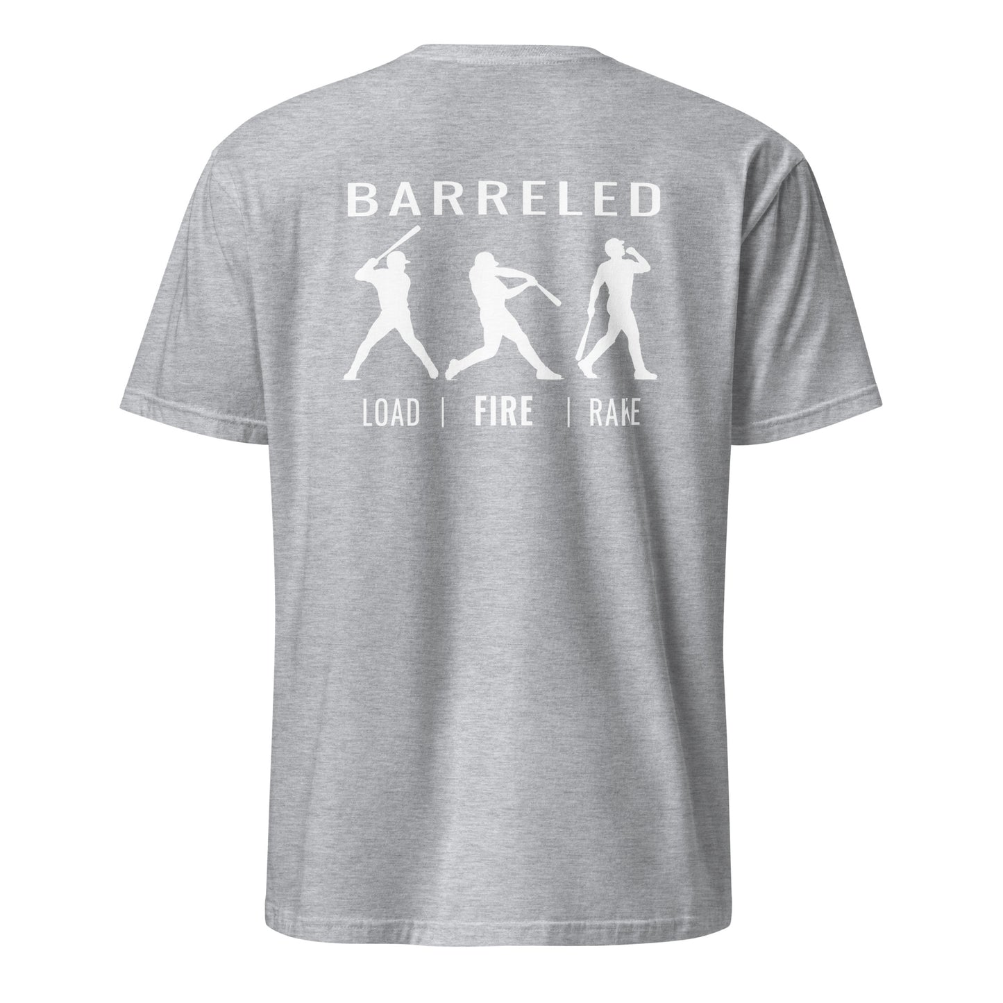 Back view of the grey BARRELED premium baseball t-shirt by Rake City.