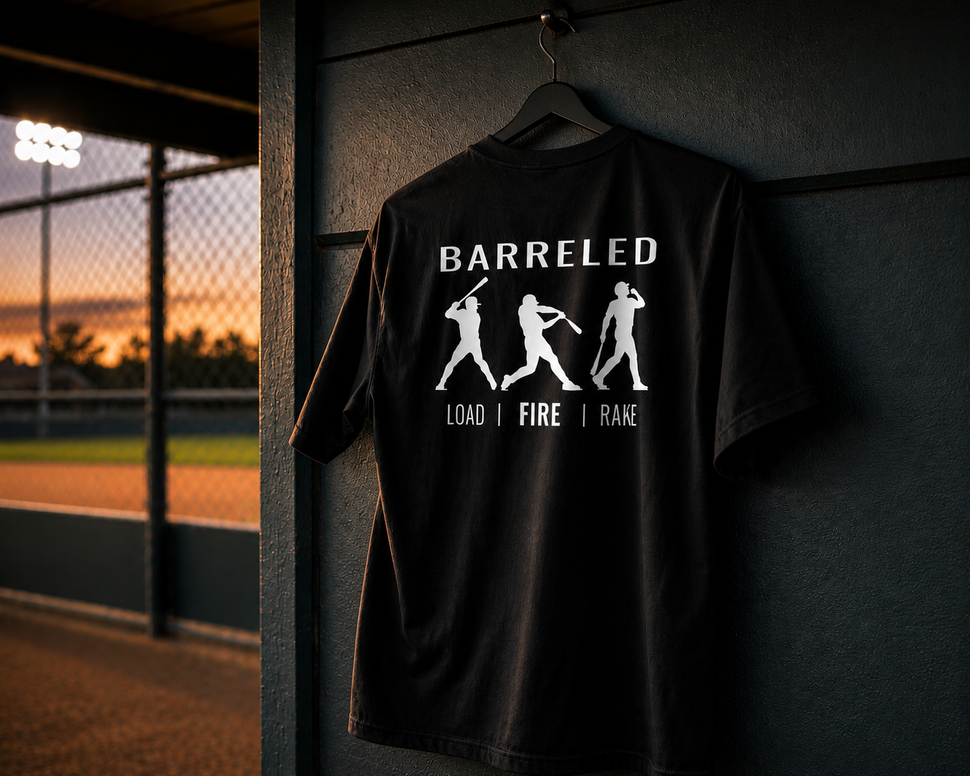 Hanger dugout view of the BARRELED premium baseball t-shirt by Rake City.
