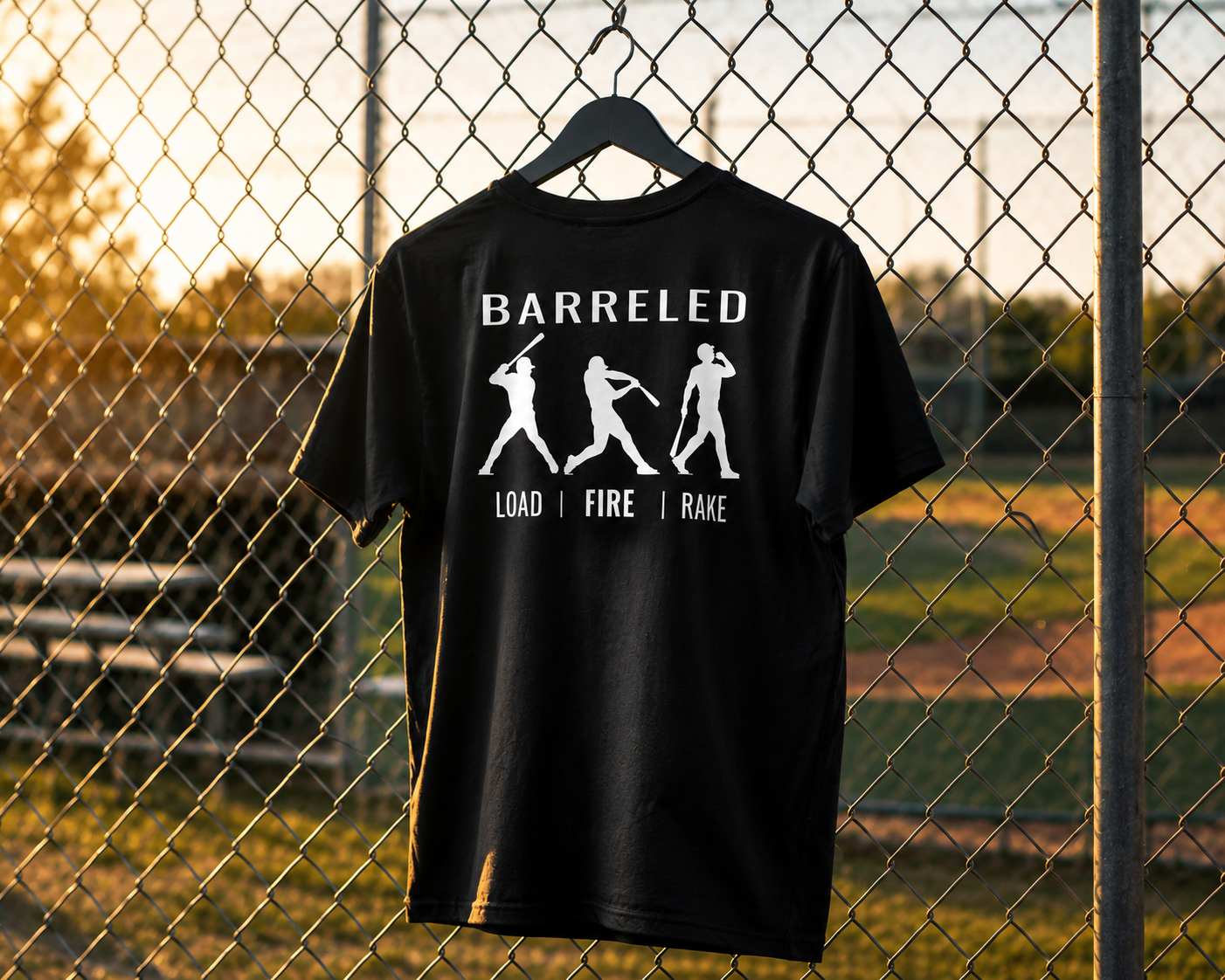Hanger outside view of the back of the BARRELED premium baseball t-shirt by Rake City.