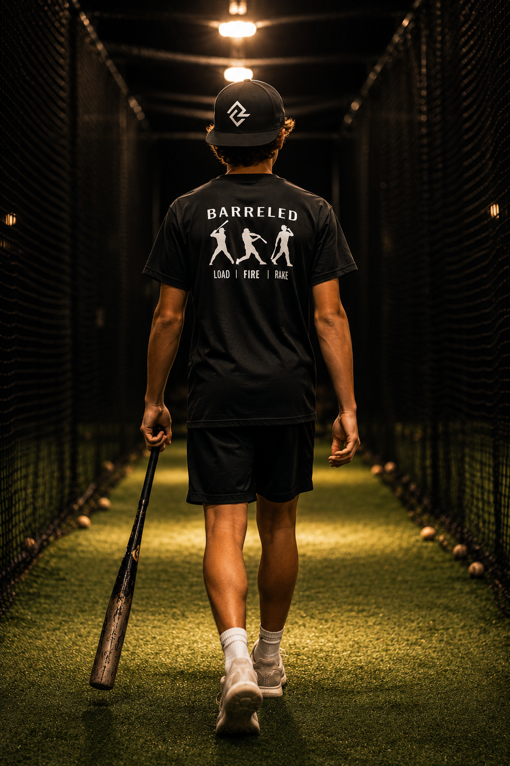 Model wearing the BARRELED premium baseball t-shirt by Rake City.