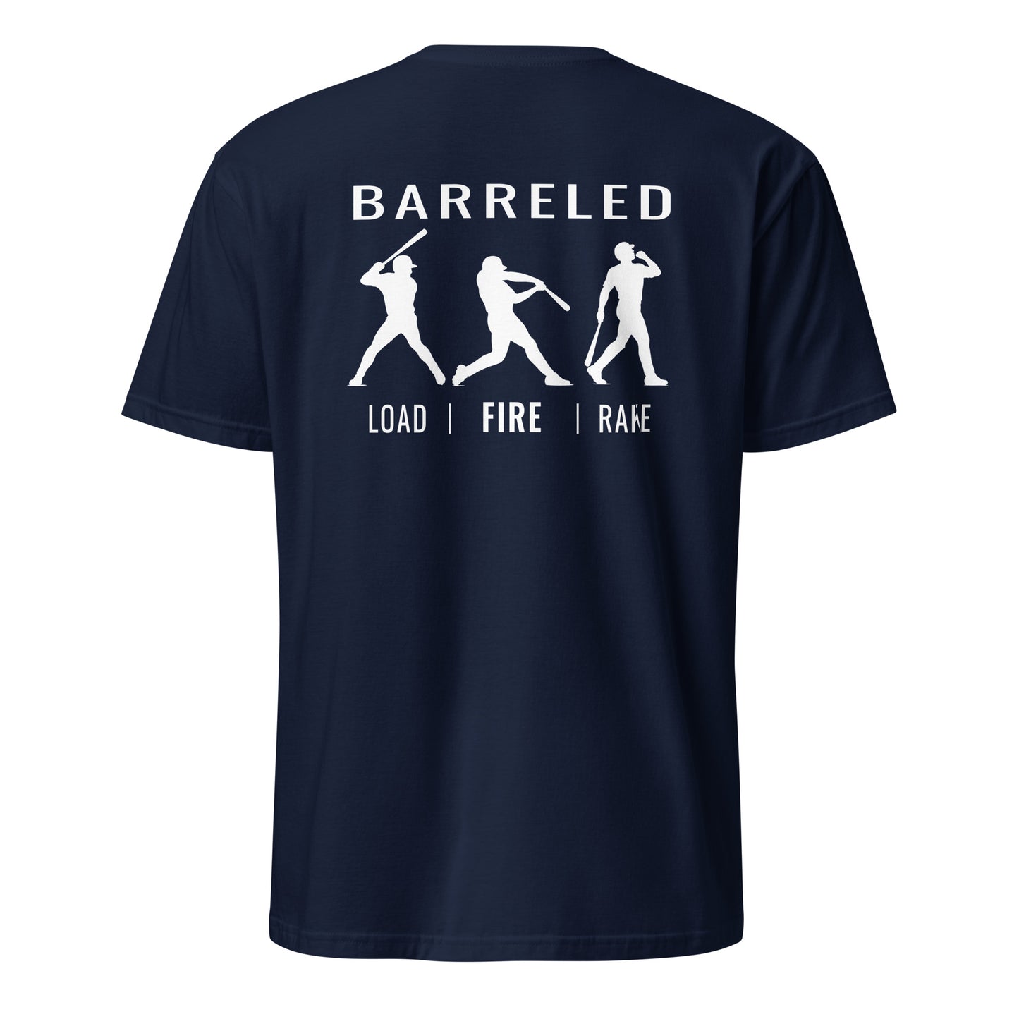 Rear view of the navy BARRELED premium baseball t-shirt by Rake City.