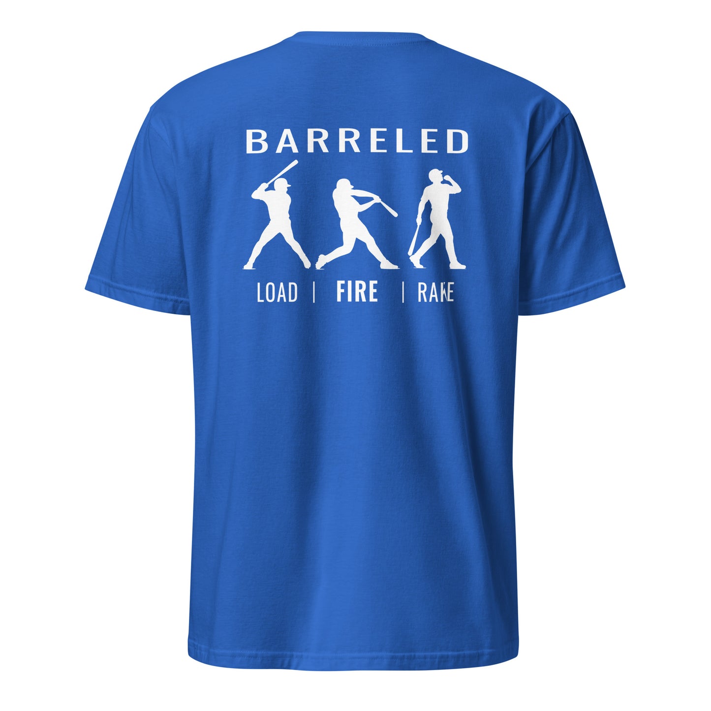 Rear view of the royal blue BARRELED premium baseball t-shirt by Rake City.