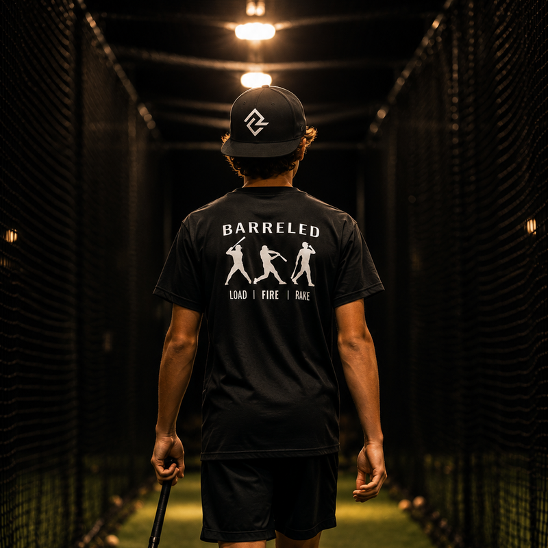 Model wearing the BARRELED premium t-shirt and Rake City Snapback hat by Rake City.