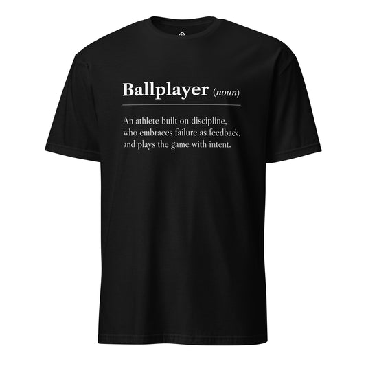 Front view of the black BALLPLAYER premium baseball tee by Rake City