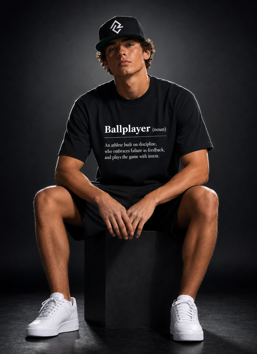 Model wearing the black BALLPLAYER t-shirt and black RC snapback by Rake City.