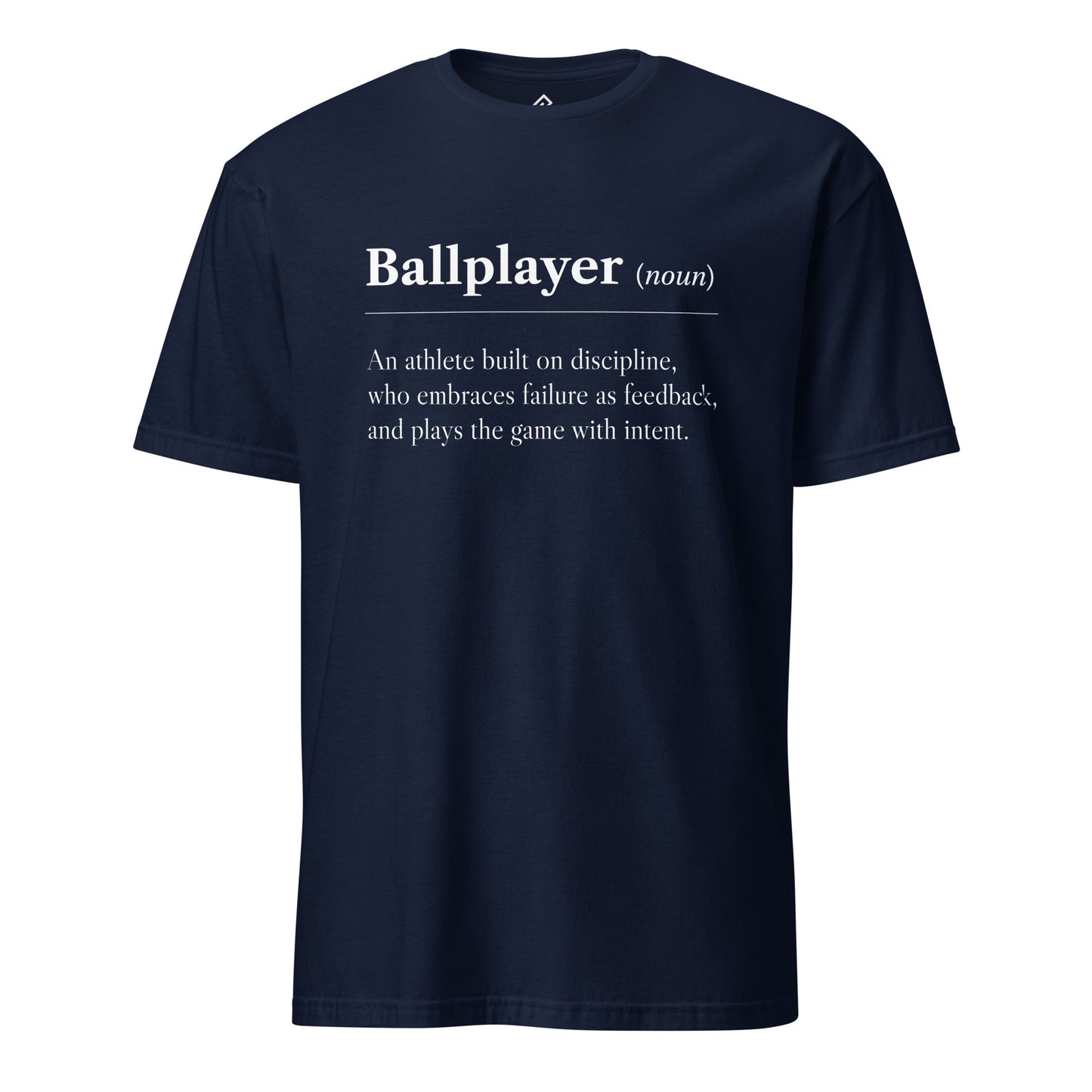 Front view of the navy BALLPLAYER premium baseball t-shirt by Rake City.