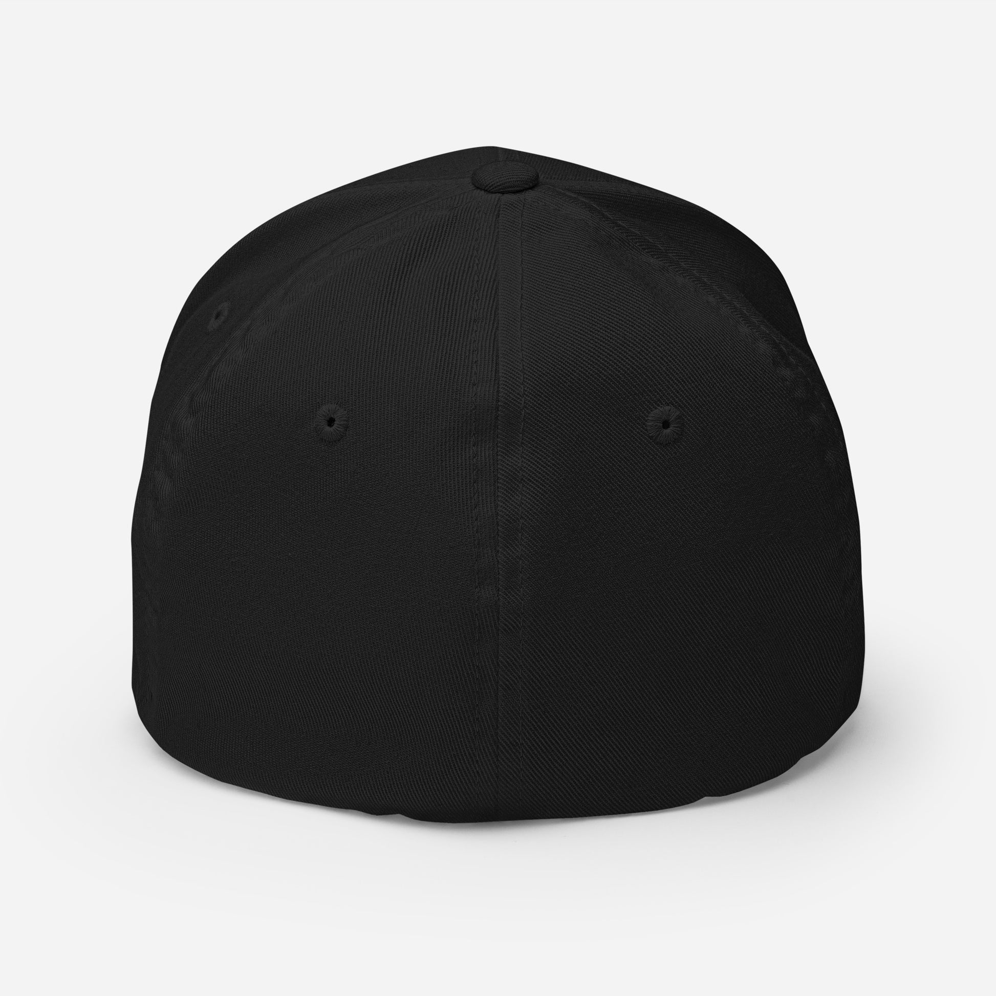 Back view of the black flexfit Baseball hat by Rake City.