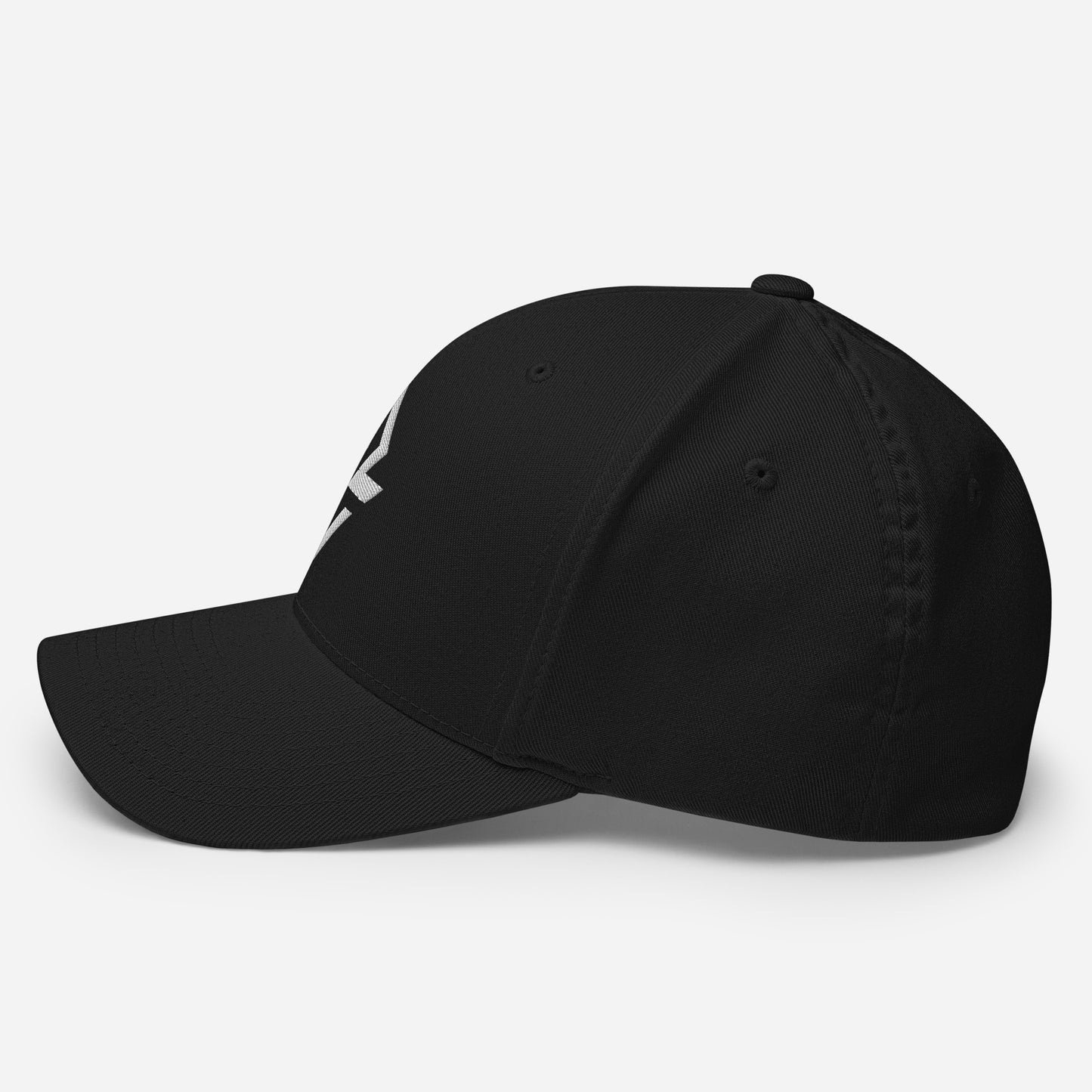 Profile view of the black flexfit baseball hat by Rake City.