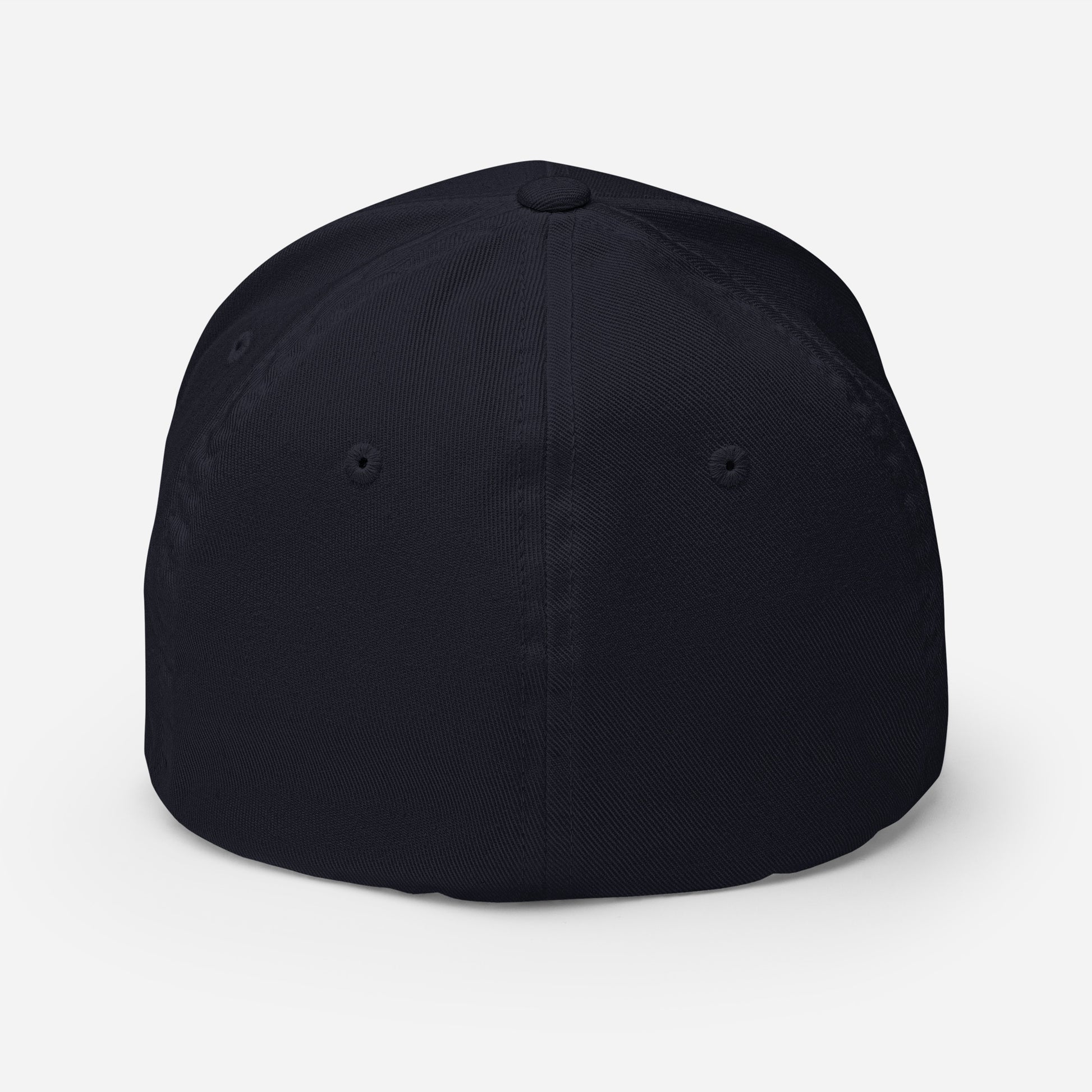 Back view of the navy flexfit baseball hat by Rake City.