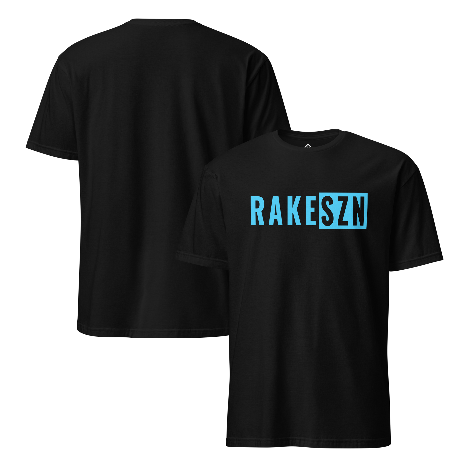 Front and back view of the black RAKE SZN premium baseball tee by Rake City
