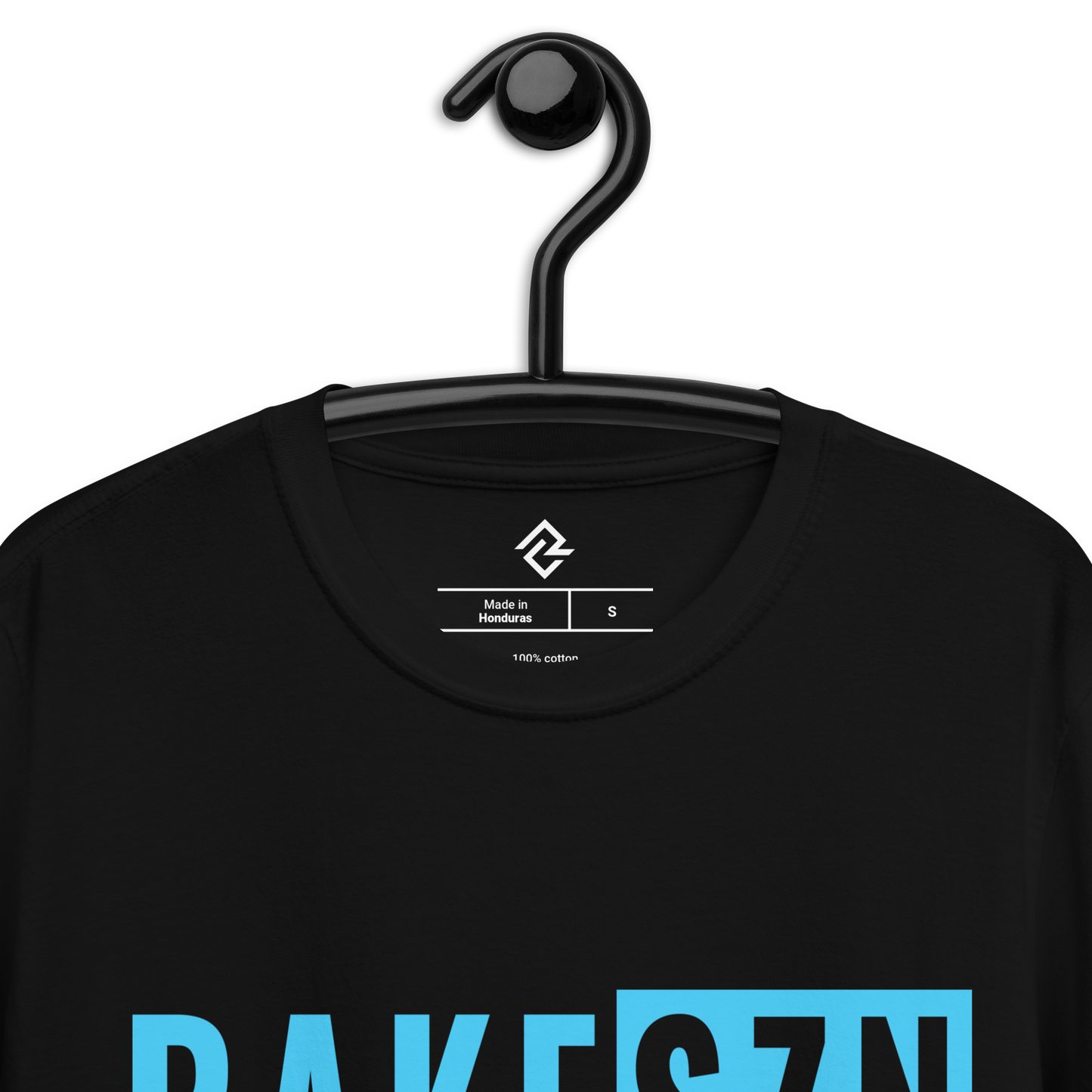 Front hanger view of the black RAKE SZN premium baseball tee by Rake City
