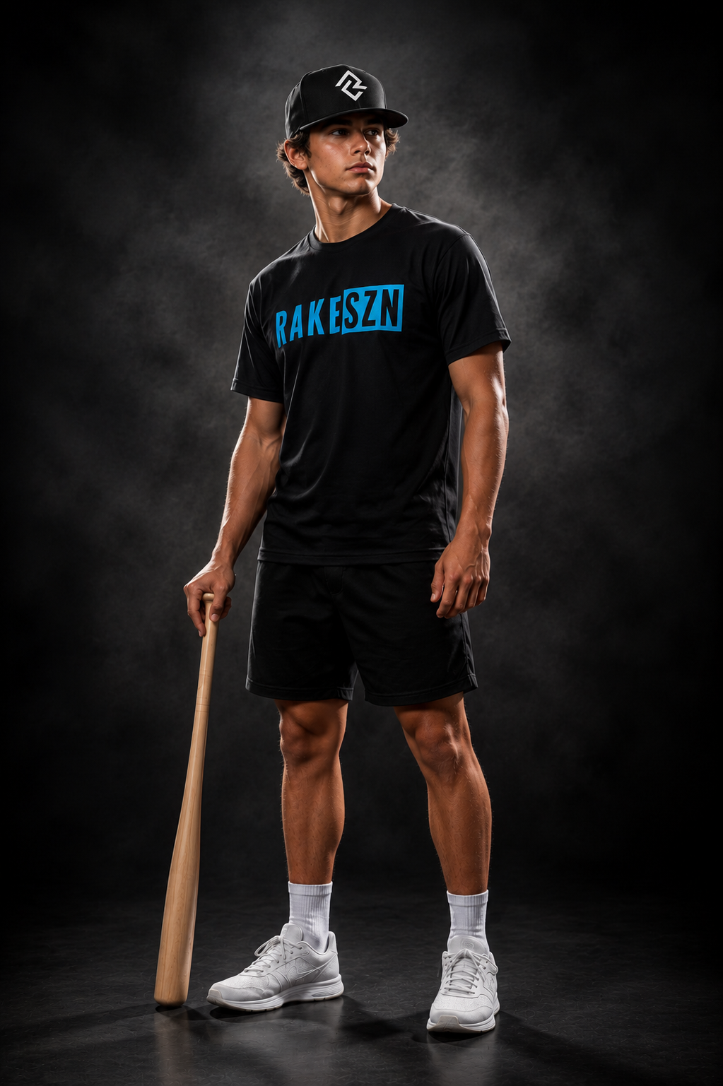 Model wearing the black RAKE SZN t-shirt and black RC snapback by Rake City.