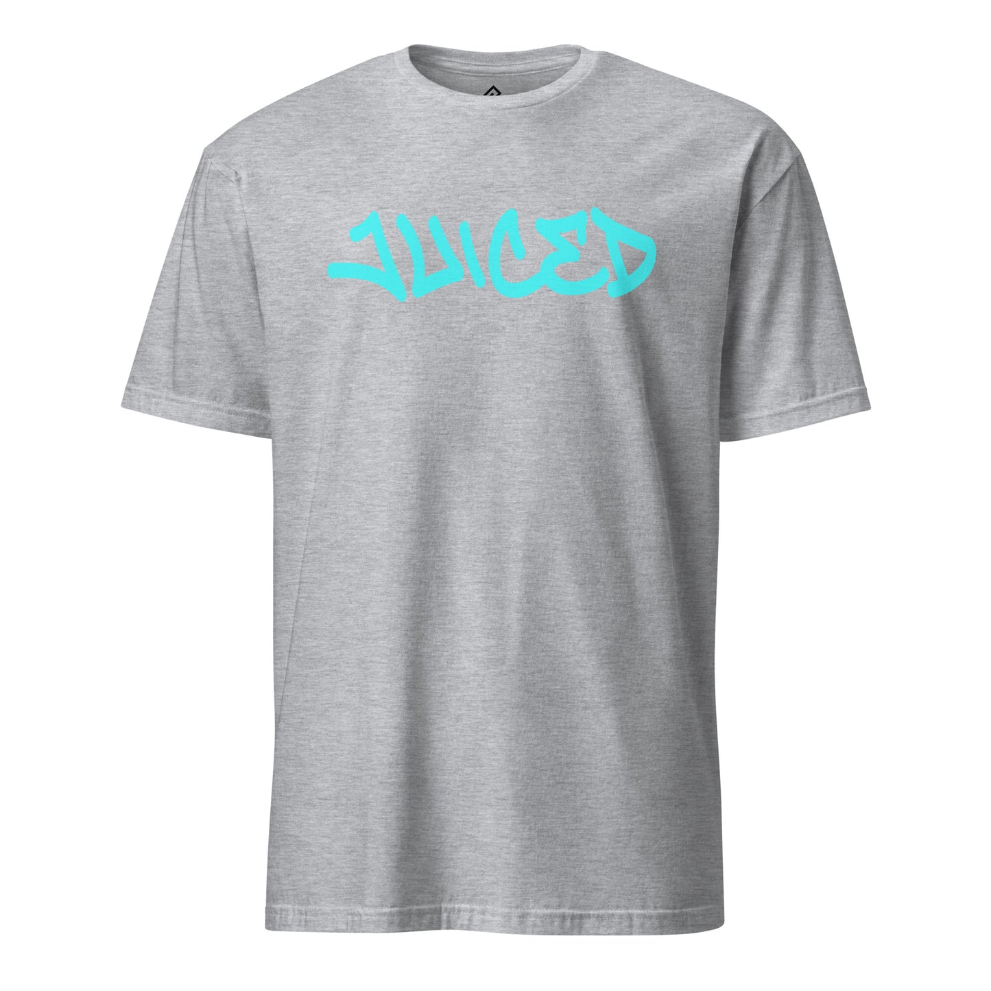 Front view of the grey JUICED premium baseball t-shirt by Rake City.