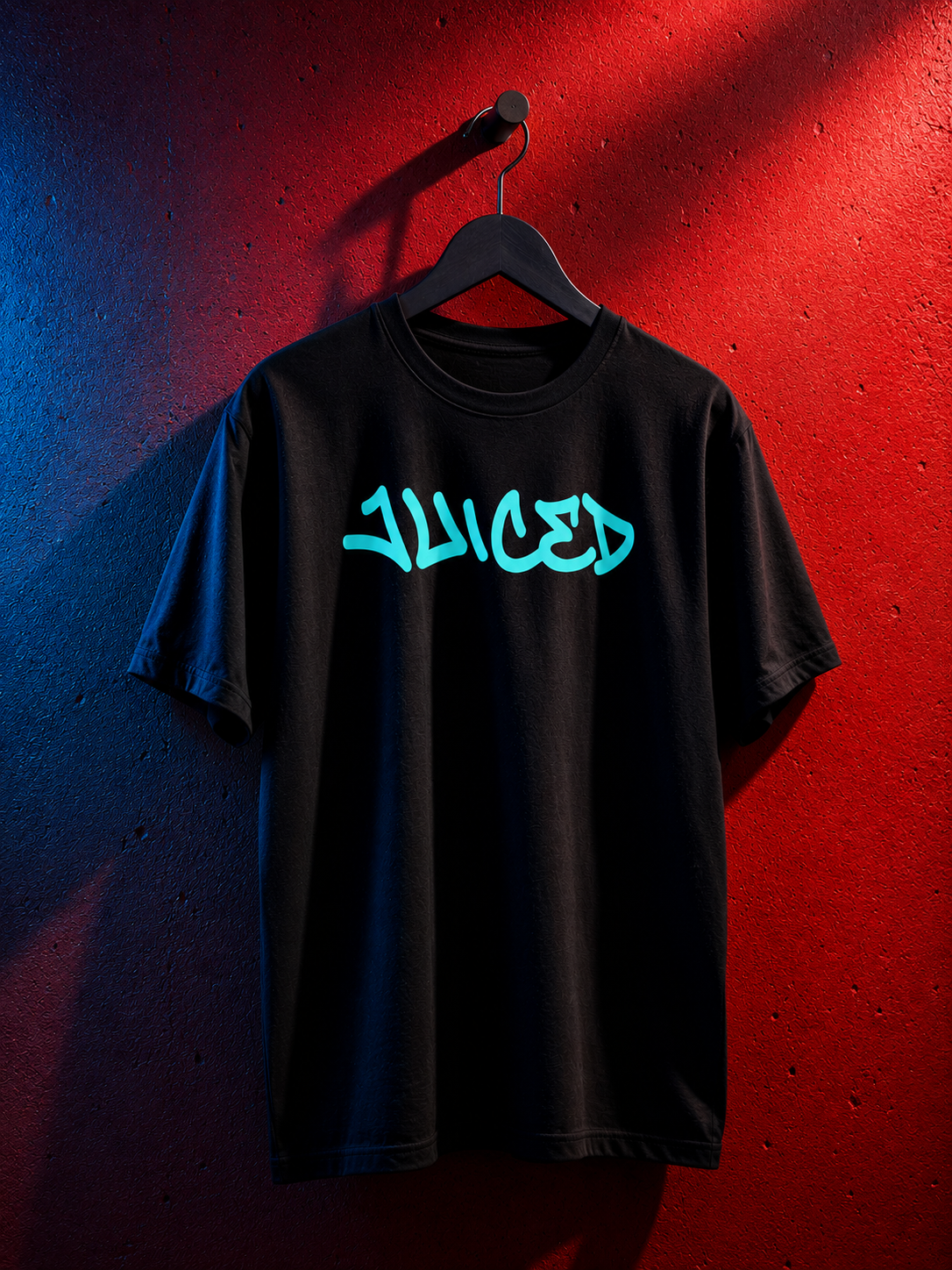 Hanger view of the JUICED premium baseball t-shirt by Rake City.