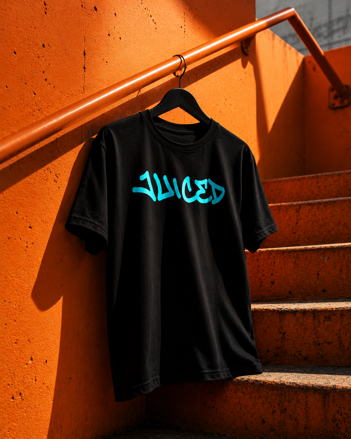 Hanger view of the JUICED premium baseball t-shirt by Rake City.