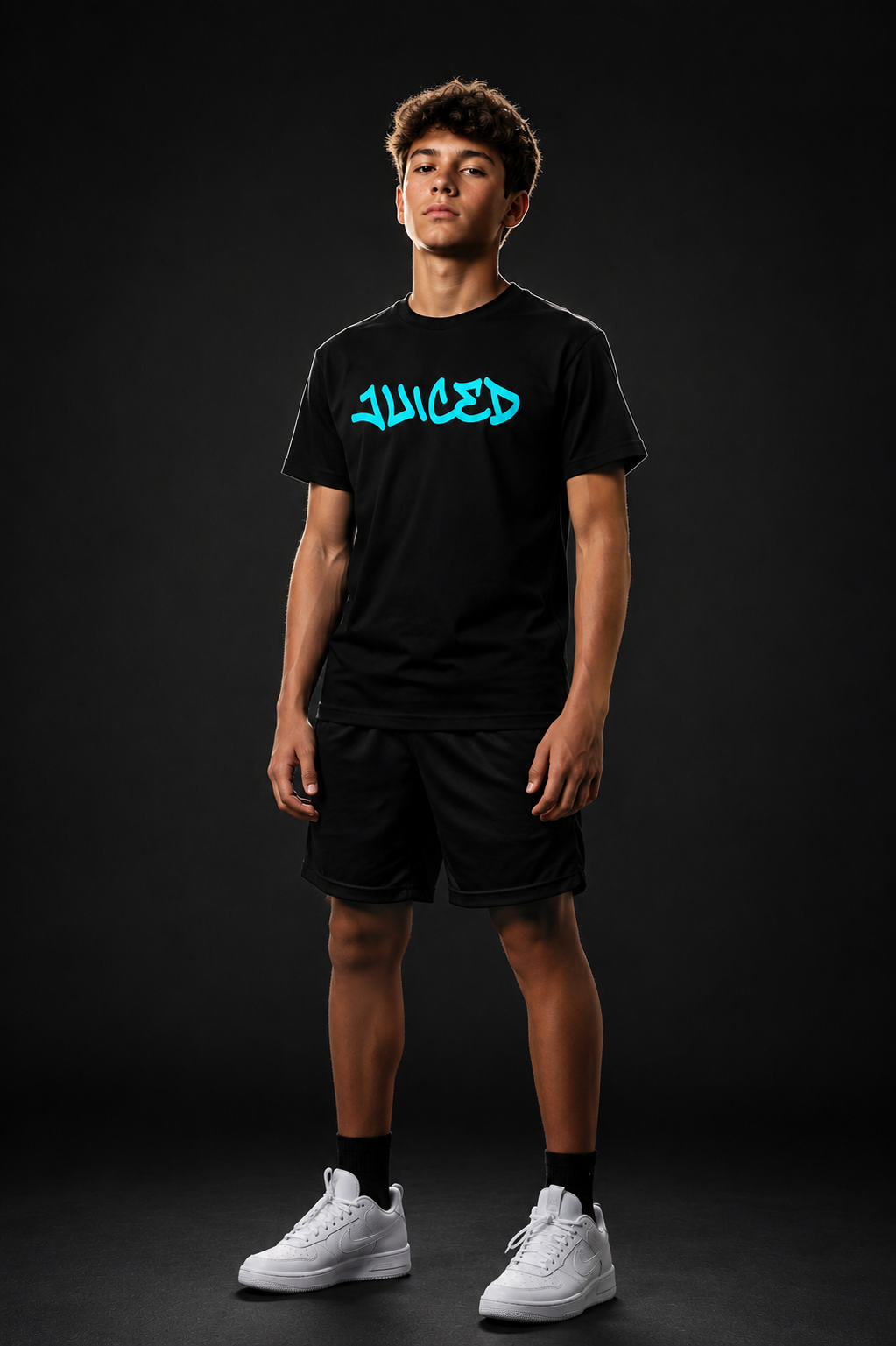 Model wearing the JUICED premium baseball t-shirt by Rake City.