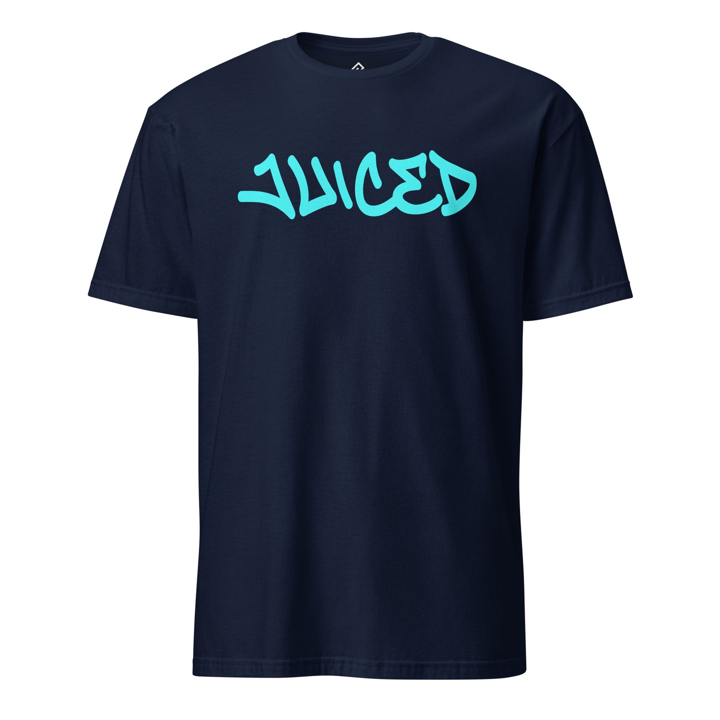 Front view of the navy JUICED premium baseball t-shirt by Rake City.