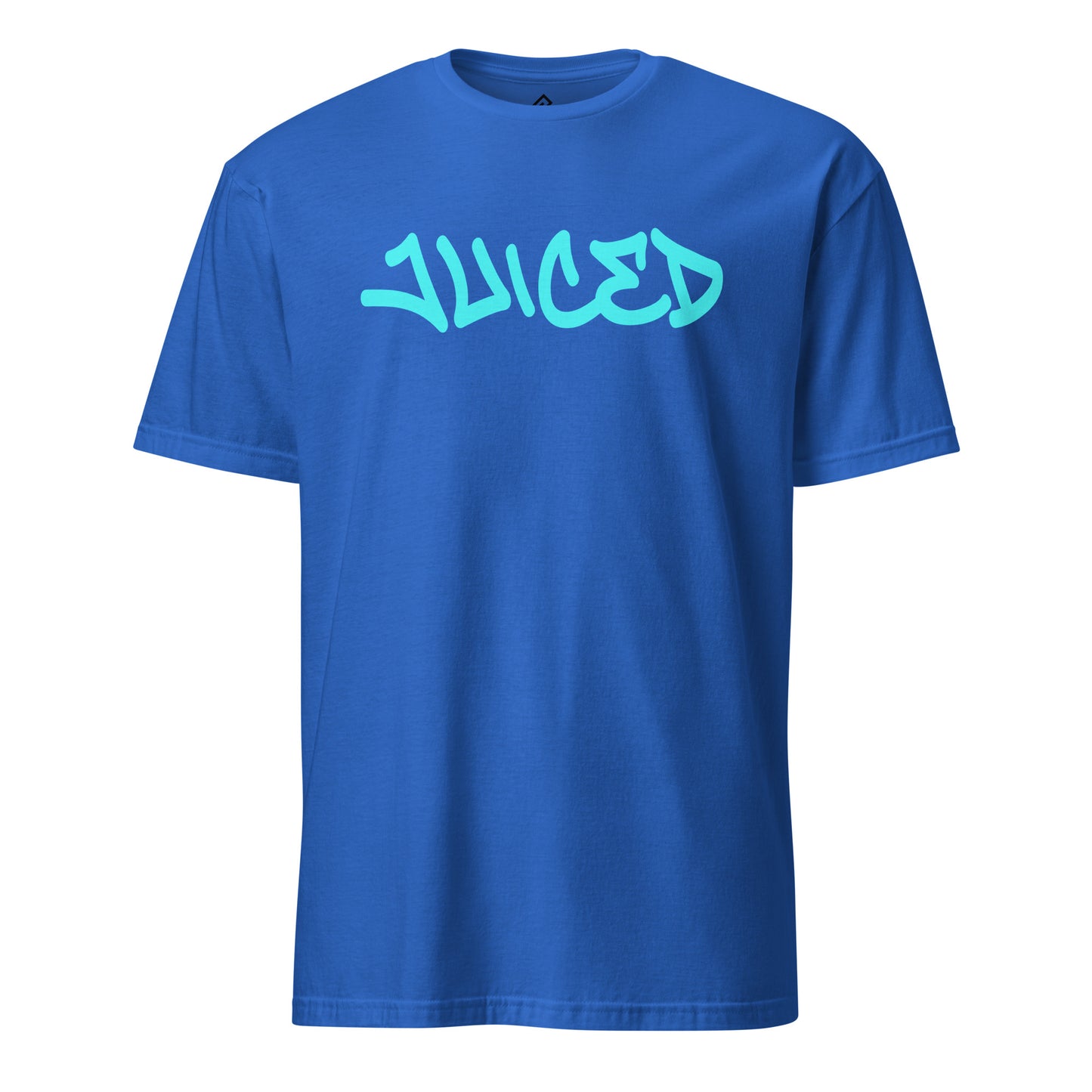 Front view of the royal blue JUICED premium baseball t-shirt from Rake City.