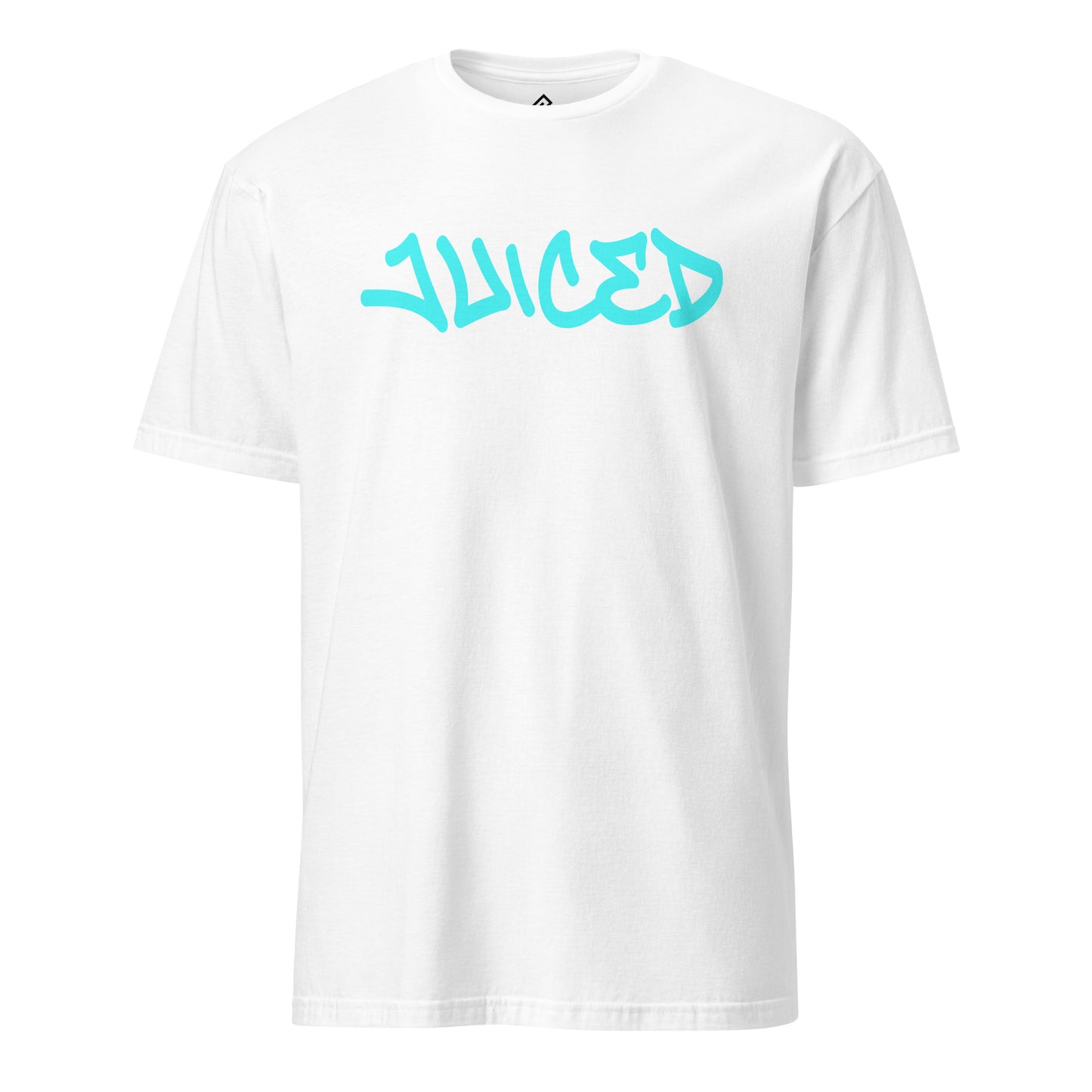 Front view of the white JUICED premium baseball t-shirt by Rake City.