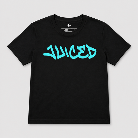 Front view of the black youth JUICED premium baseball t-shirt by Rake City.