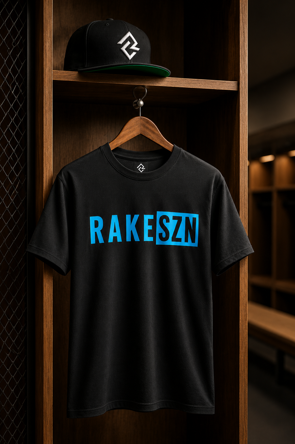 Locker view of the youth RAKESZN premium baseball t-shirt and RC snapback by Rake City.