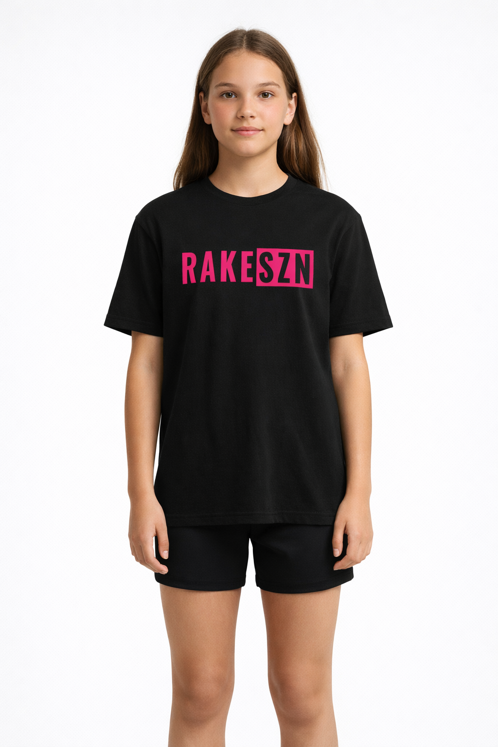 Model wearing the pink RAKESZN premium baseball t-shirt by Rake City.