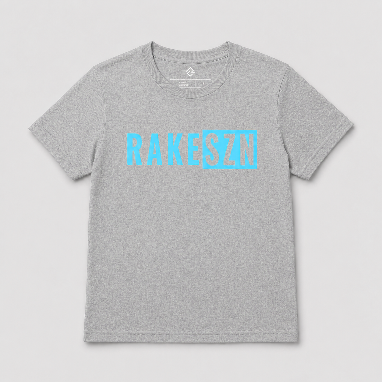 Front view of the grey youth RAKESZN premium baseball t-shirt by Rake City.