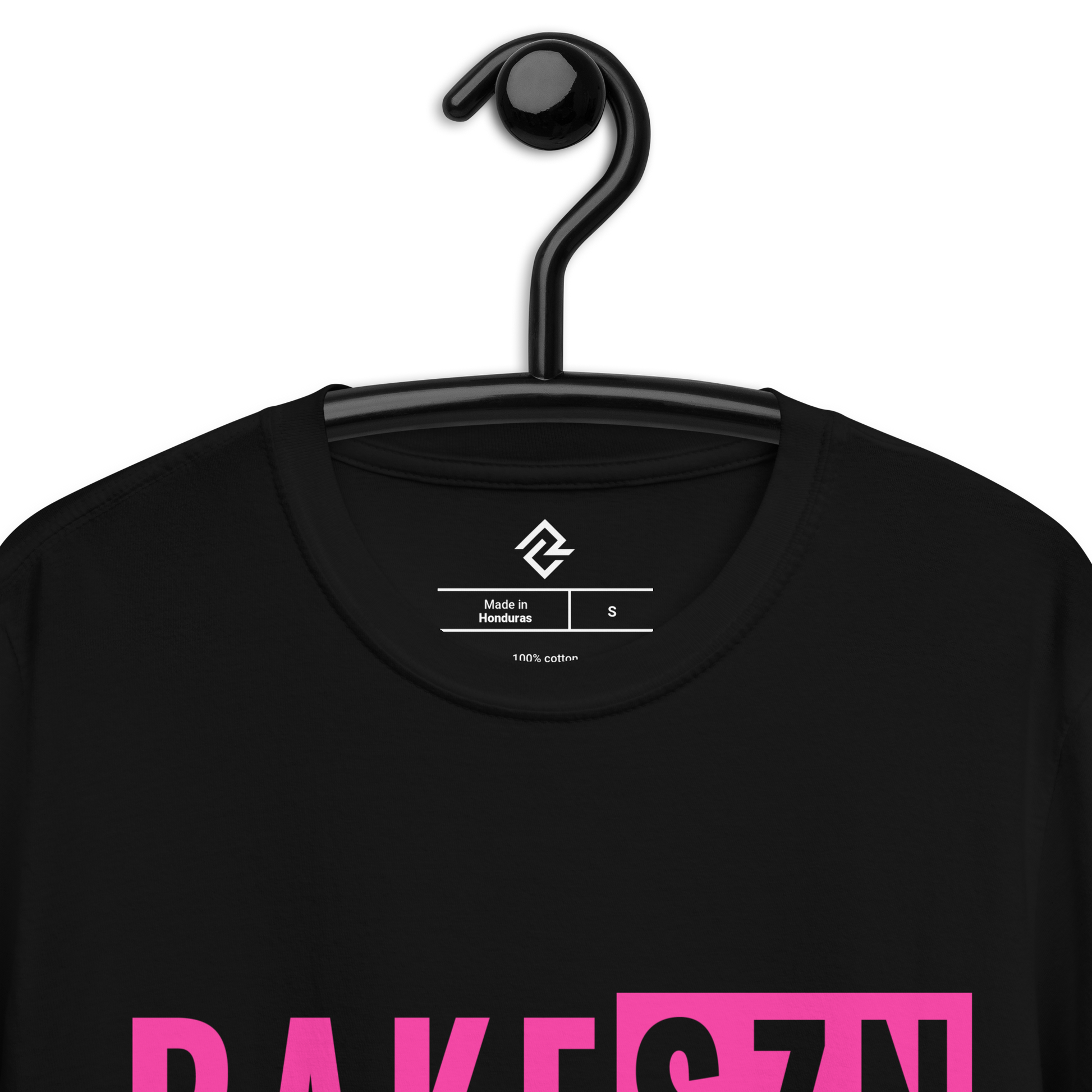 Detail hanger view of the pink RAKESZN premium baseball t-shirt by Rake City.