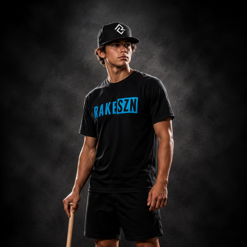 Model wearing the blue RAKE SZN premium t-shirt and black Rake City snapback by Rake City.