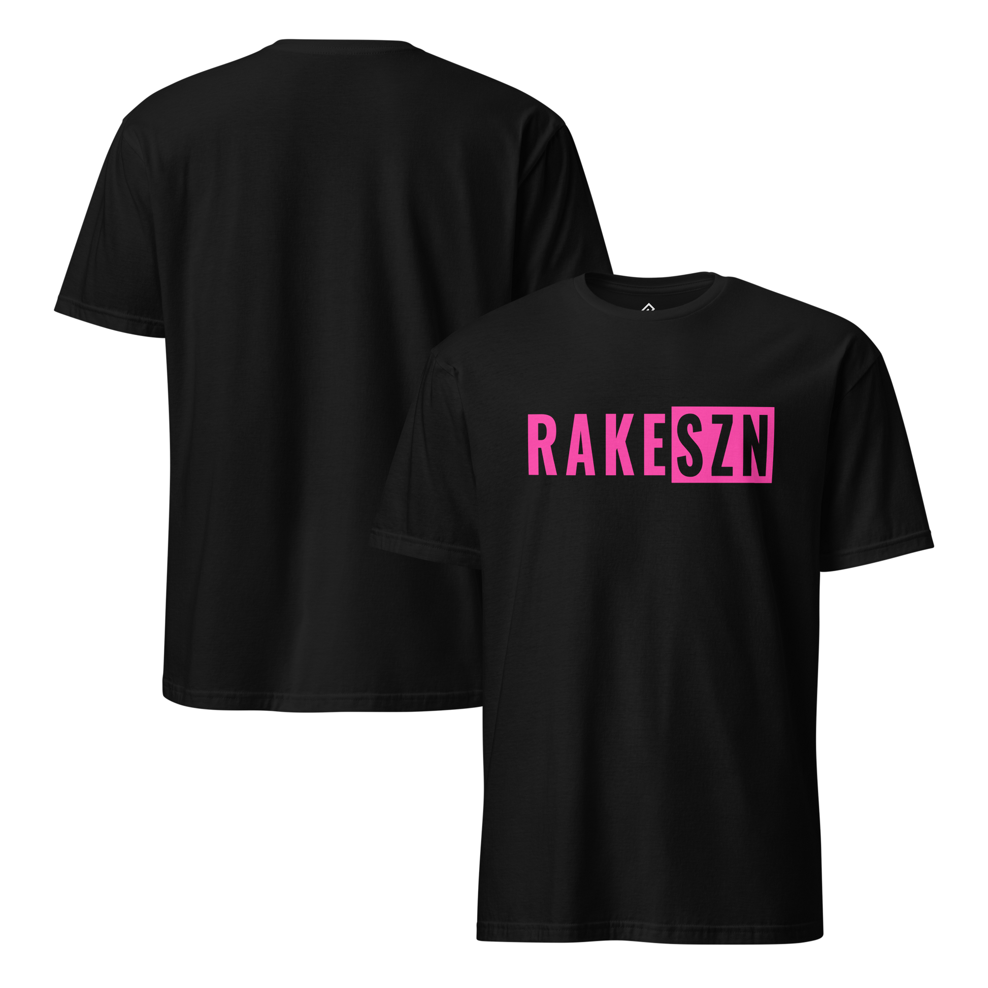 Front and back view of the black and pink RAKE SZN premium baseball t-shirt by Rake City