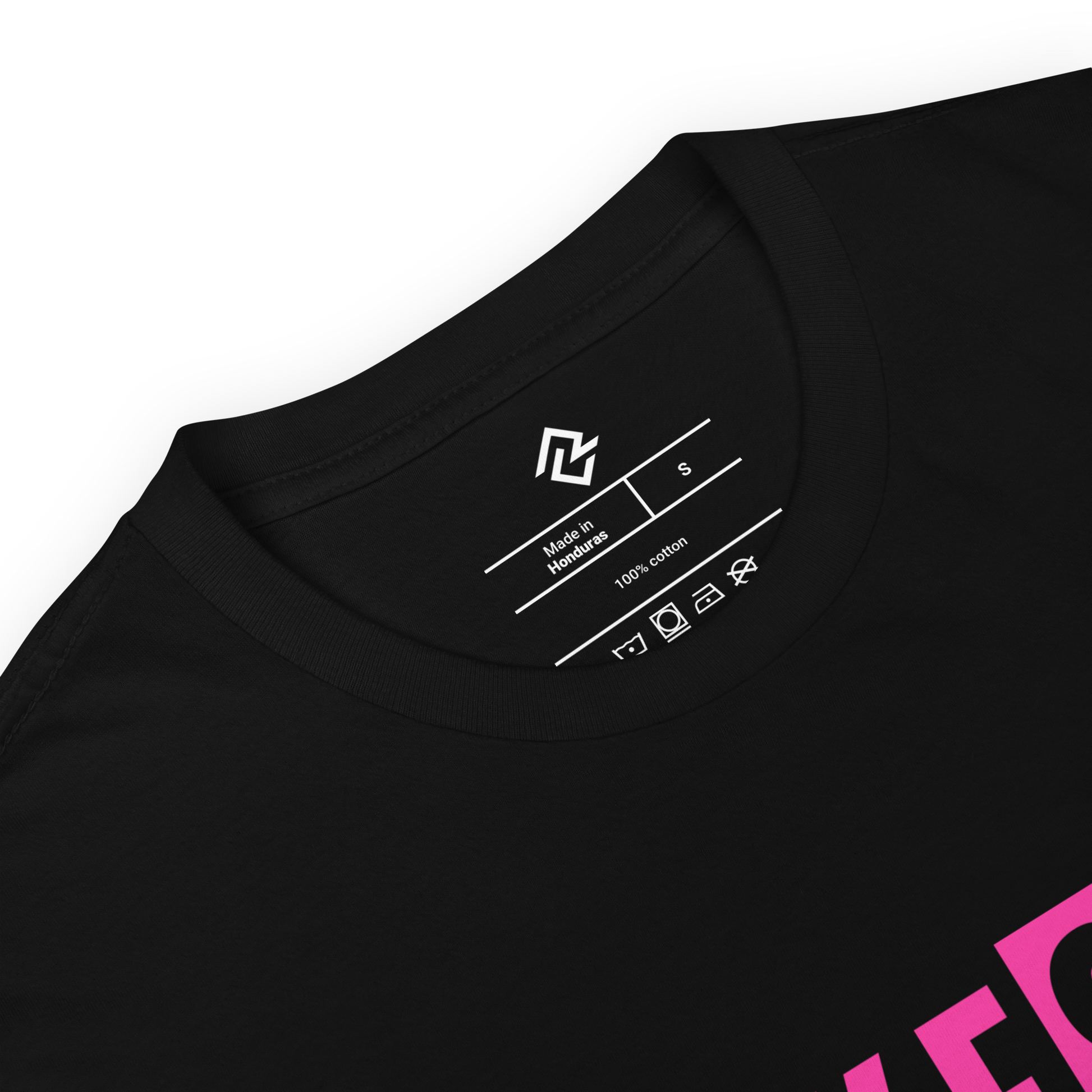 Detail view of the black and pink RAKE SZN premium baseball t-shirt by Rake City