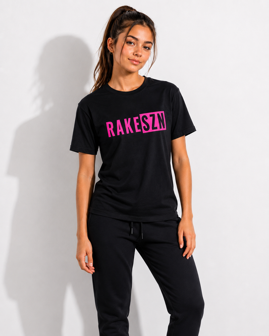 Model wearing the black RAKE SZN t-shirt by Rake City.