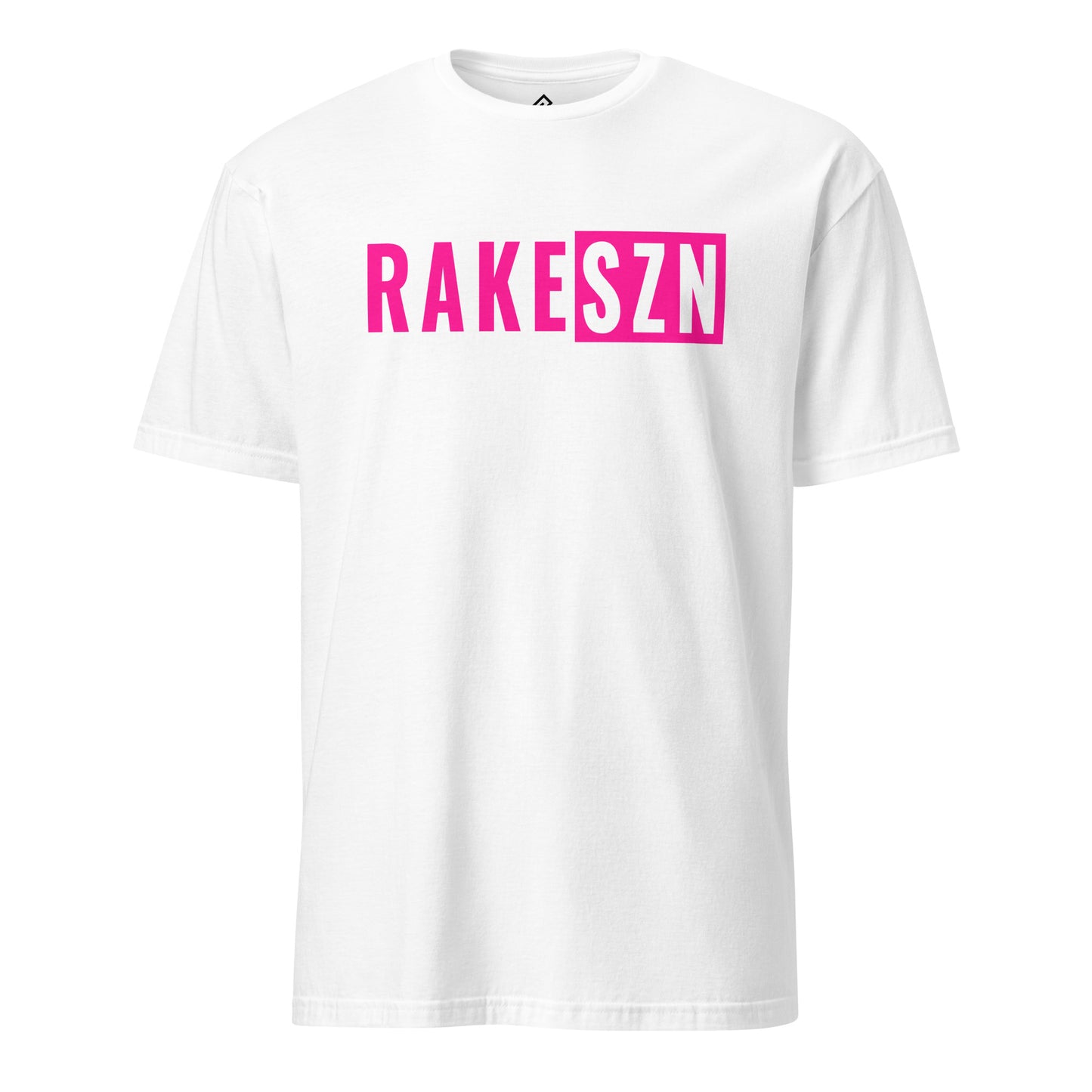 Front view of the white and pink RAKE SZN premium baseball t-shirt by Rake City