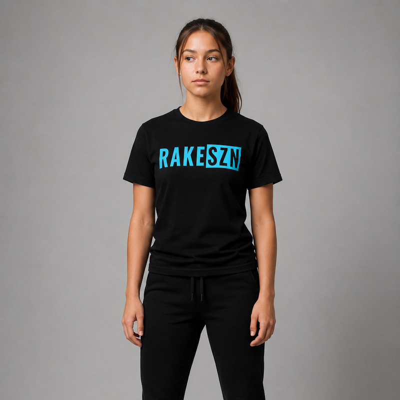 Model wearing the blue RAKE SZN premium t-shirt by Rake City.