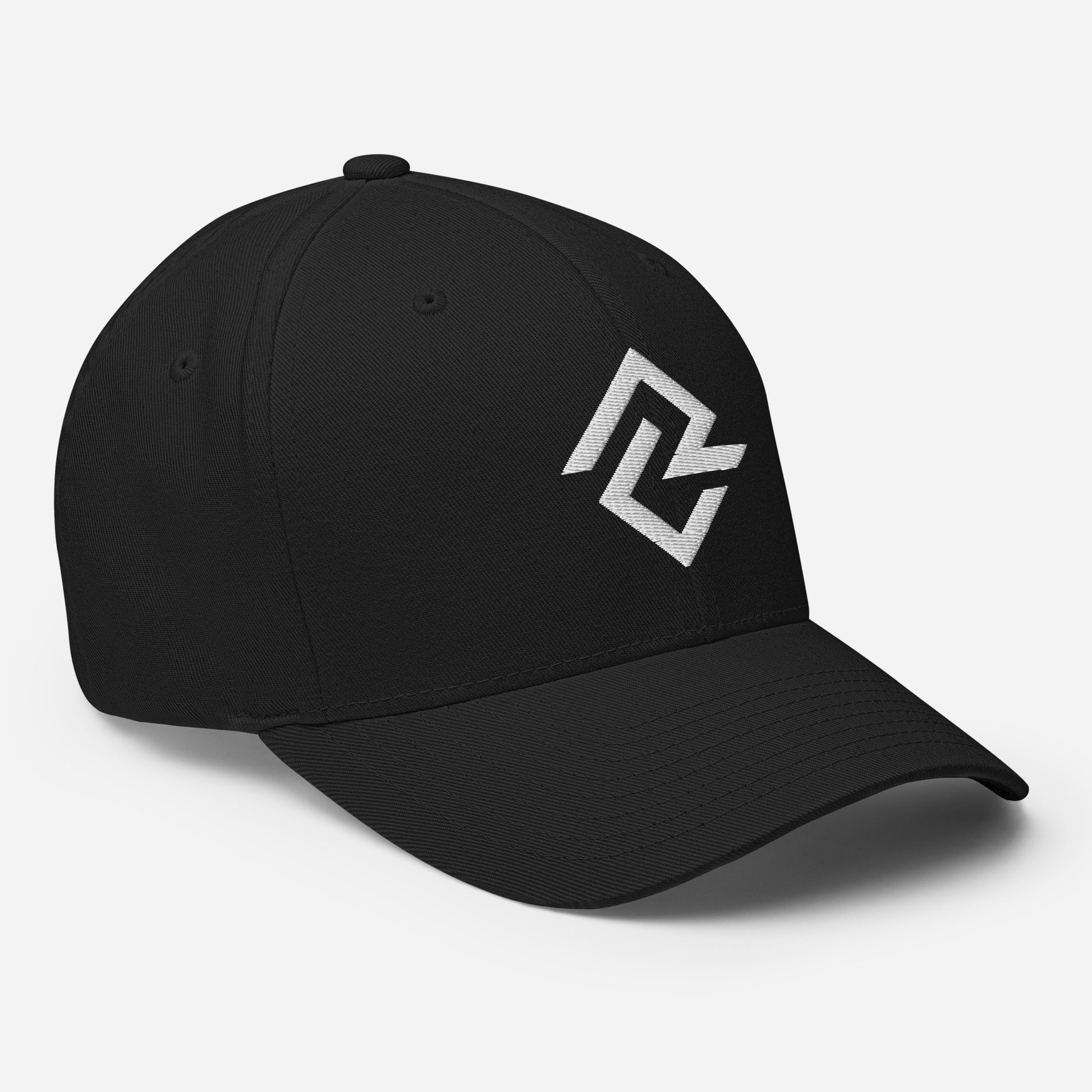 Side view of the black flexfit baseball hat by Rake City.