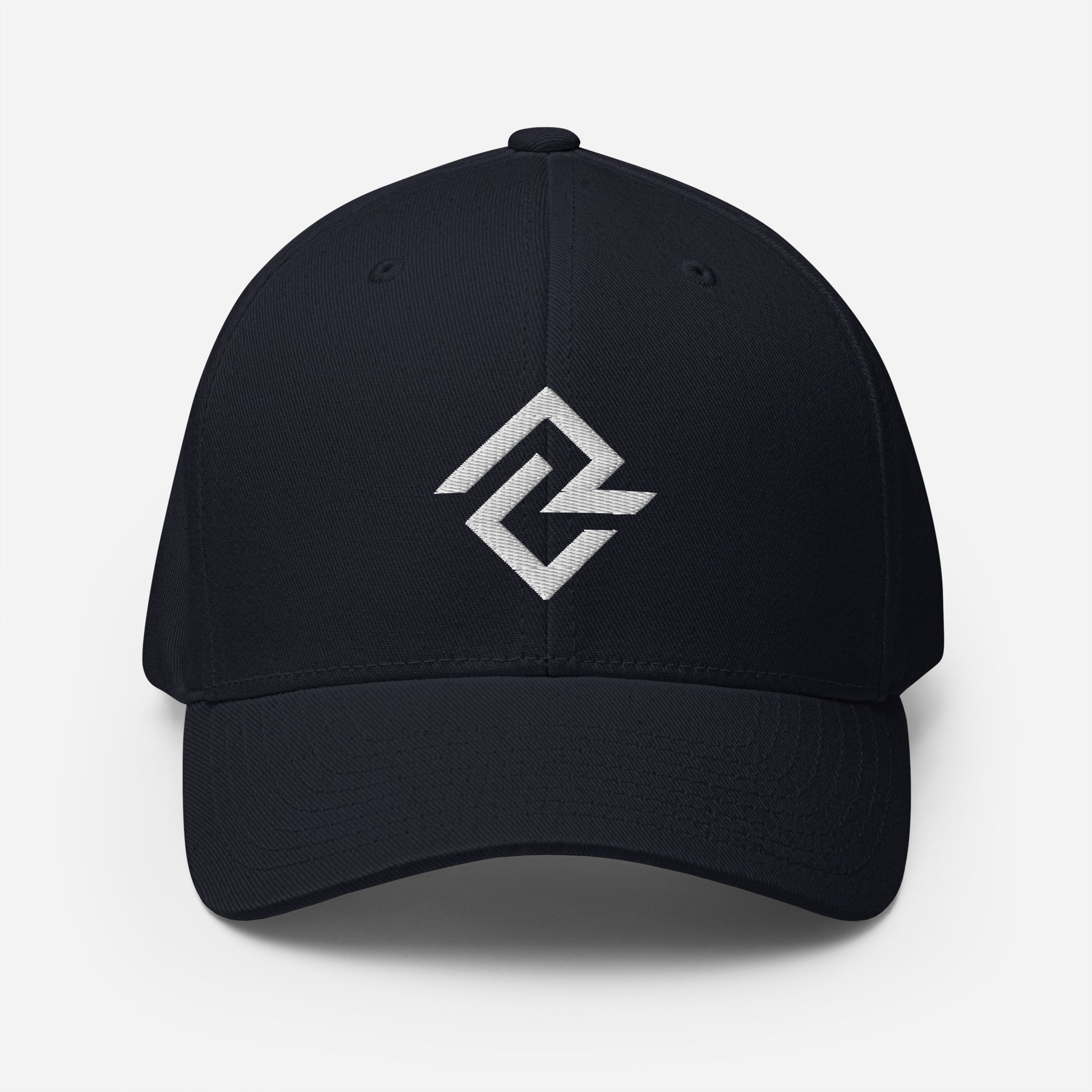 Front view of the navy flexfit baseball hat by Rake City.