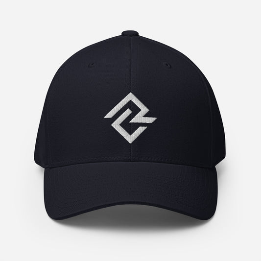 Front view of the navy flexfit baseball hat by Rake City.