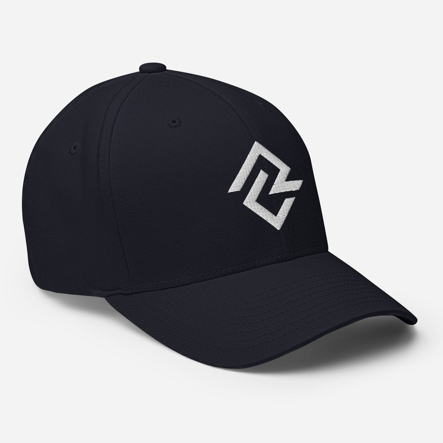 Side view of the navy flexfit baseball hat by Rake City.