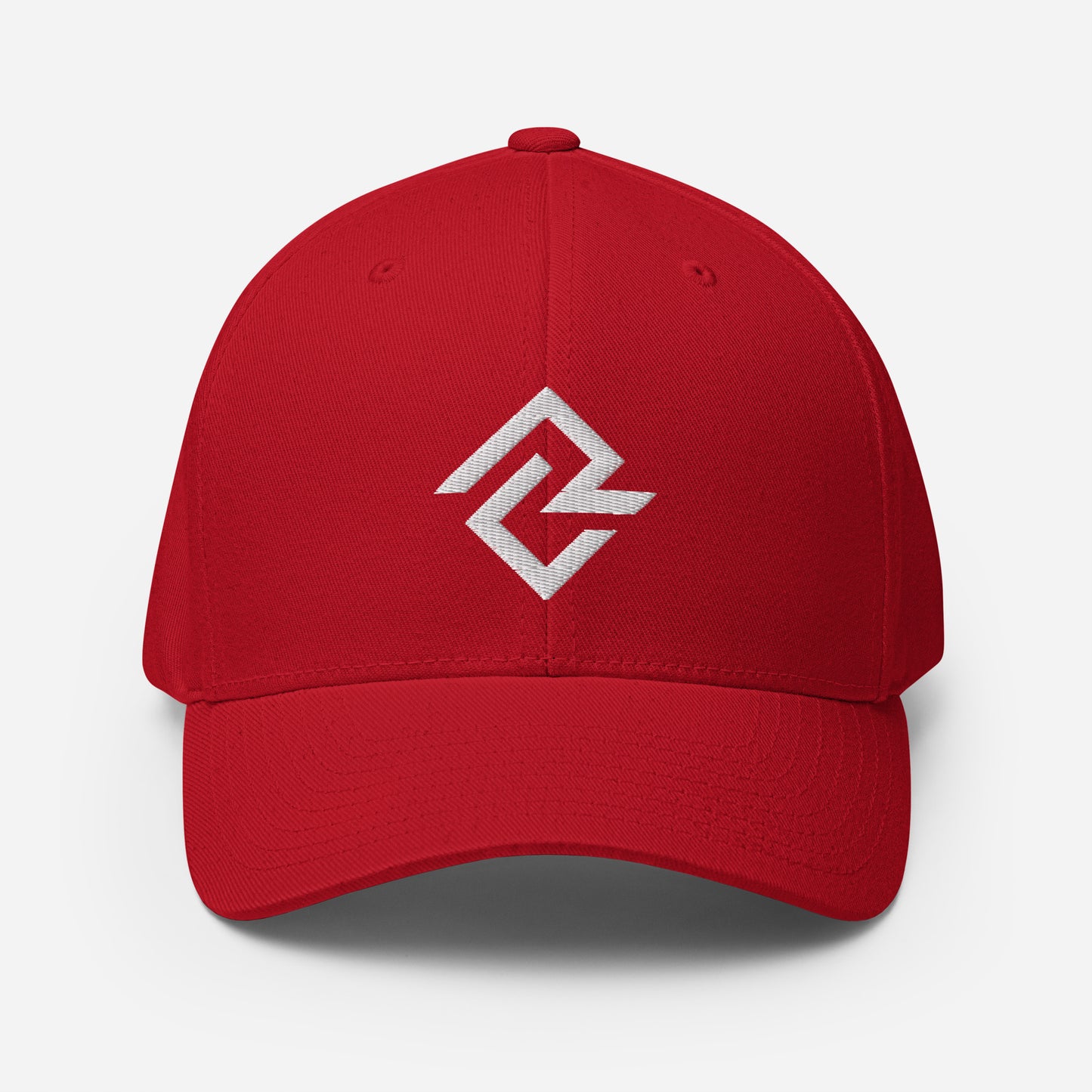 Front view of the red flexfit Baseball hat by Rake City.