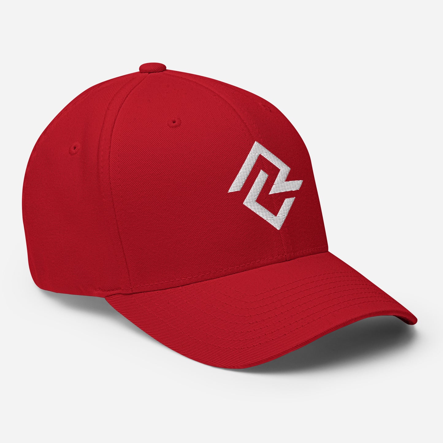 Side view of the red flexfit baseball hat by Rake City.