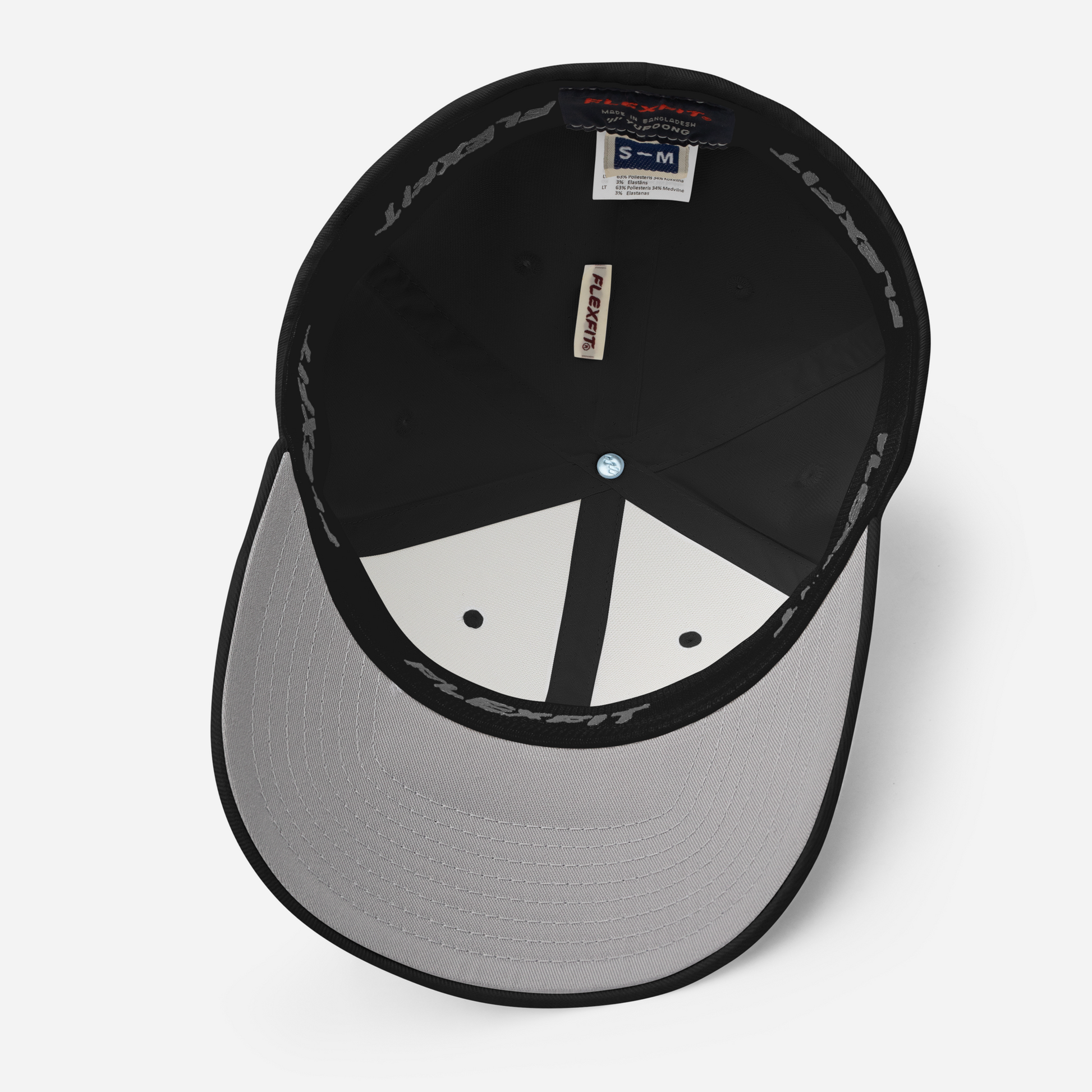 View of the underside of the flexfit Baseball Hat by Rake City.